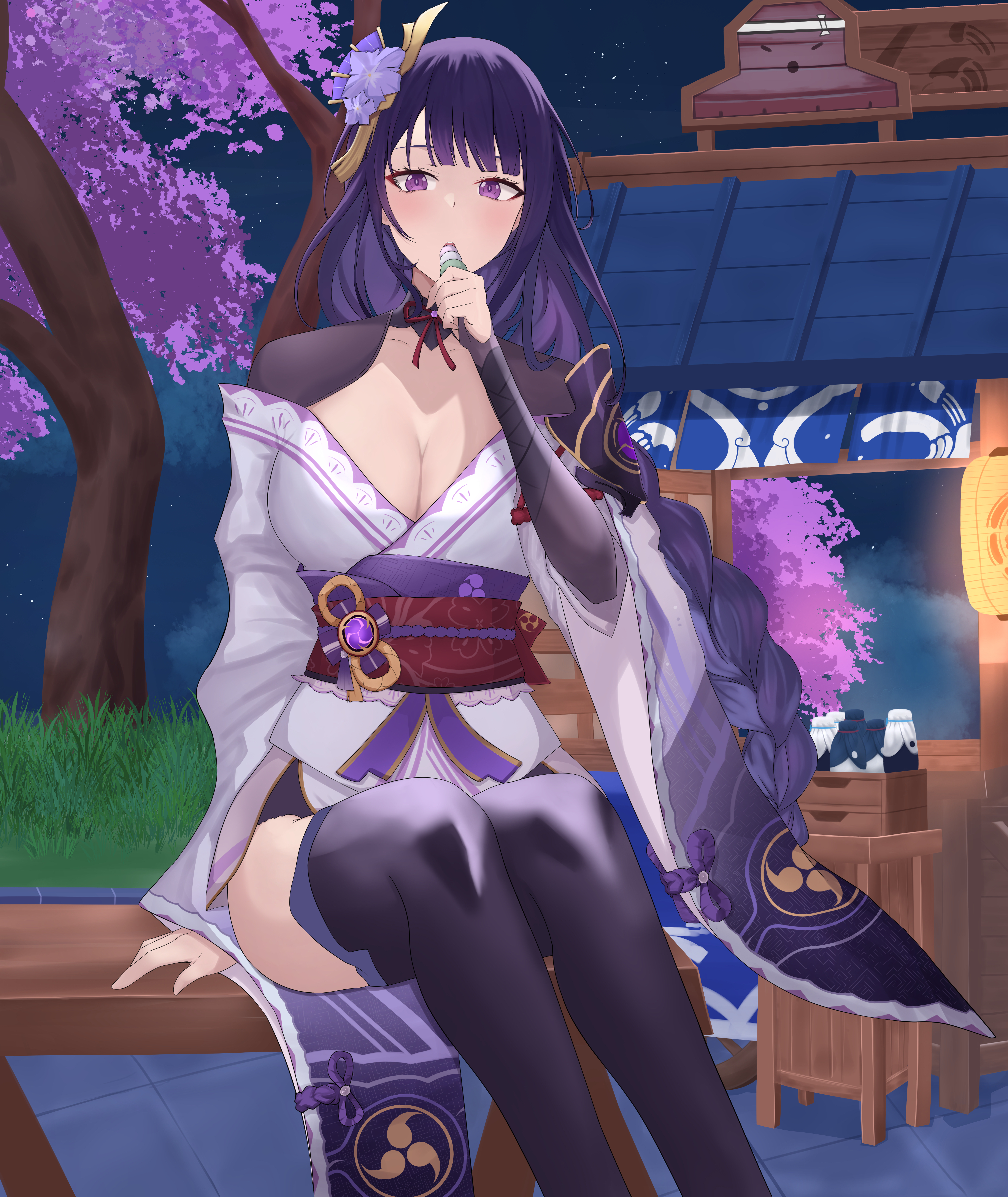 raiden shogun, genshin impact, absurdres, highres, 1girl, asymmetrical sleeves, blunt bangs, blush, bottle, braid, breasts, cleavage, collarbone, dango milk (genshin impact), drinking, eyeliner, fan hair ornament, flower, flower ornament, hair ornament, head tilt, holding, holding bottle, huahomu, huge breasts, inazuma city, japanese clothes, kimono, long braid, long hair, makeup, mitsudomoe (shape), neck ribbon, no mole, off shoulder, on bench, open mouth, outdoors, purple eyes, purple flower, purple hair, purple kimono, purple thighhighs, red eyeliner, red ribbon, red sash, ribbon, sash, shade, shy, single braid, sitting, solo, thighhighs, tomoe (symbol), uneven sleeves, upper body, wide sleeves