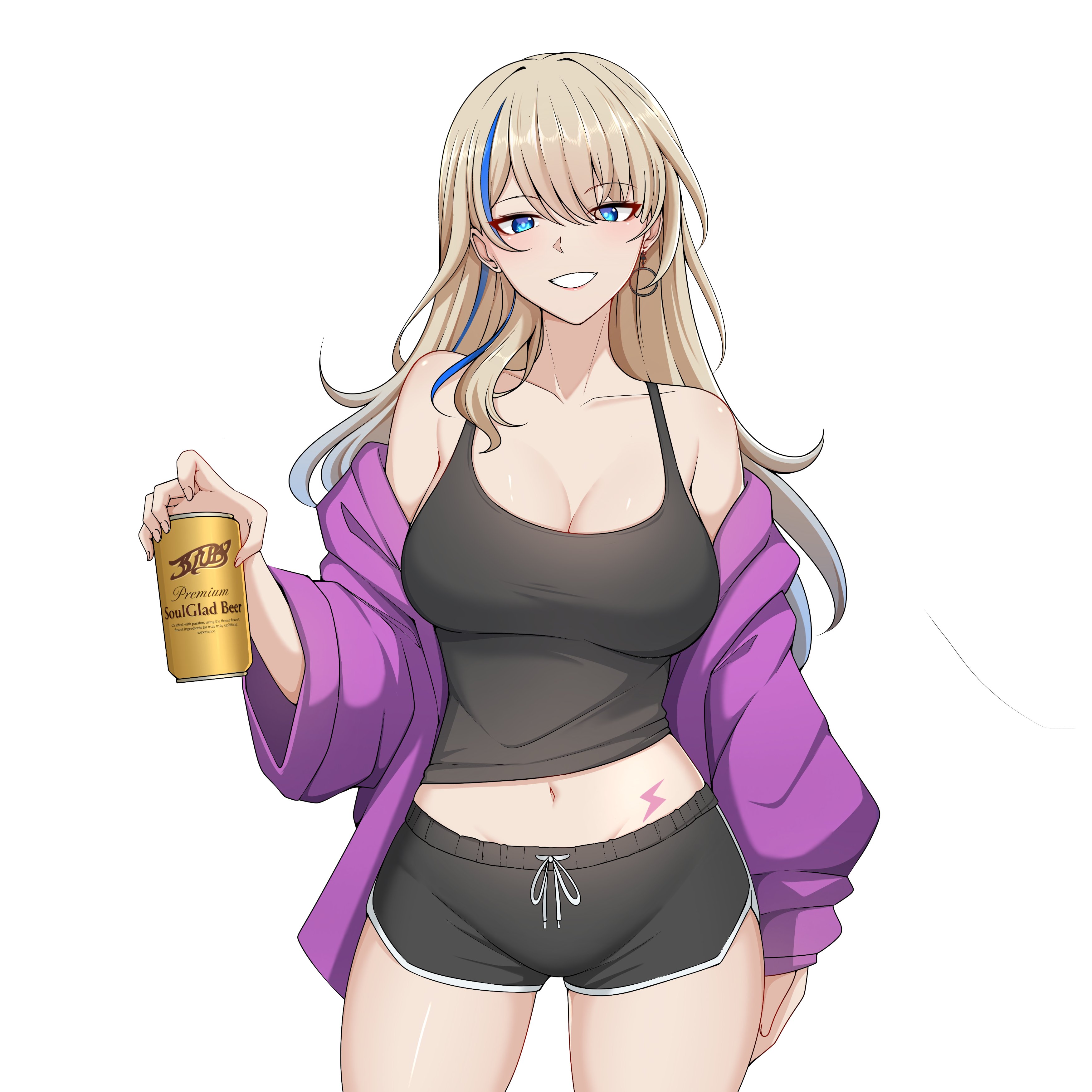 centauri-d, serval landau, honkai: star rail, honkai (series), absurdres, commentary, commission, english commentary, highres, second-party source, variant set, 1girl, alcohol, alternate costume, beer, beer can, black shorts, black tank top, blonde hair, blue eyes, blue hair, breasts, can, casual, cleavage, cowboy shot, dolphin shorts, drink can, earrings, grin, holding, holding can, jacket, jacket partially removed, jewelry, large breasts, lightning bolt tattoo, long hair, looking at viewer, multicolored hair, navel, off shoulder, purple jacket, shorts, simple background, single earring, smile, solo, streaked hair, tank top, tattoo, two-tone hair, white background