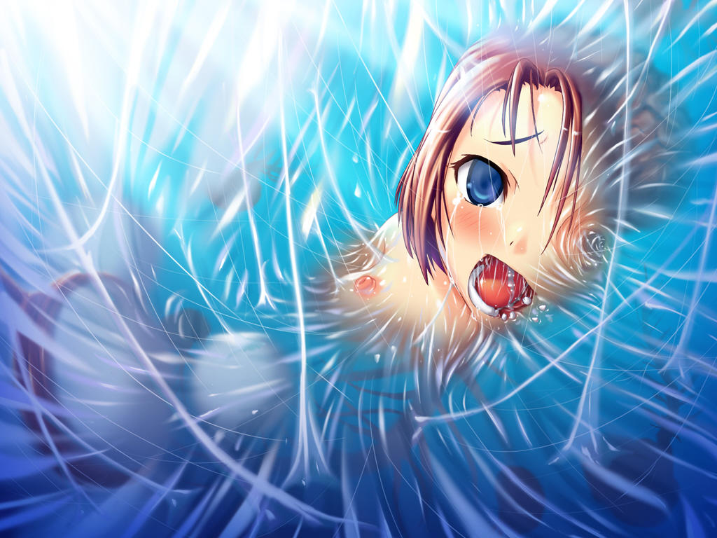 kaeru, slime, blue eyes, breasts, guro, loli, melting, monster, nipples, open mouth, rape, tears, teeth, tentacles, underwater, water
