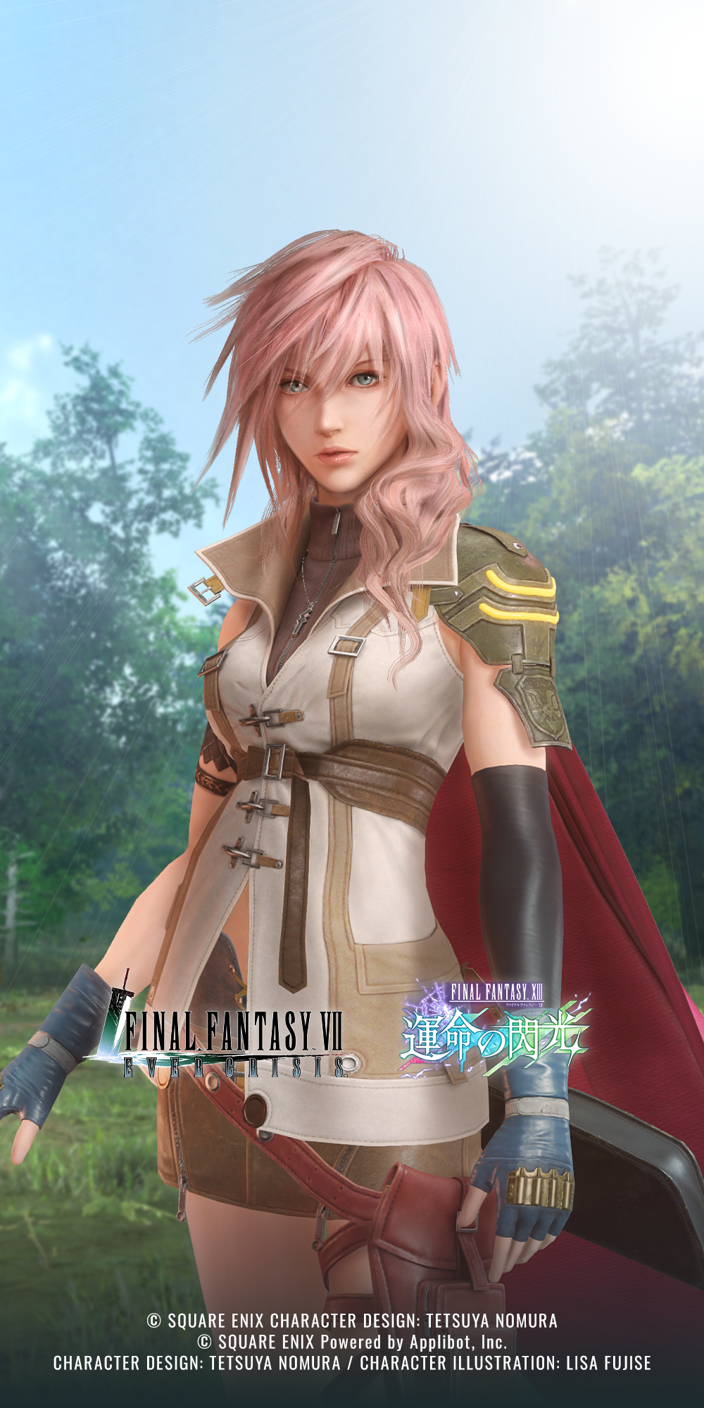 fujise lisa, nomura tetsuya, lightning farron, final fantasy, final fantasy vii, final fantasy vii ever crisis, final fantasy xiii, square enix, highres, official art, 1girl, 3d, aqua eyes, armlet, asymmetrical gloves, black gloves, breasts, brown shirt, brown skirt, cape, copyright name, cowboy shot, elbow gloves, fingerless gloves, gloves, hair between eyes, hair over shoulder, holster, jewelry, long hair, looking at viewer, medium breasts, miniskirt, necklace, outdoors, pink hair, red cape, shirt, single elbow glove, single shoulder pad, skirt, sleeveless, sleeveless turtleneck, solo, standing, thigh holster, turtleneck, veil, wavy hair, white veil