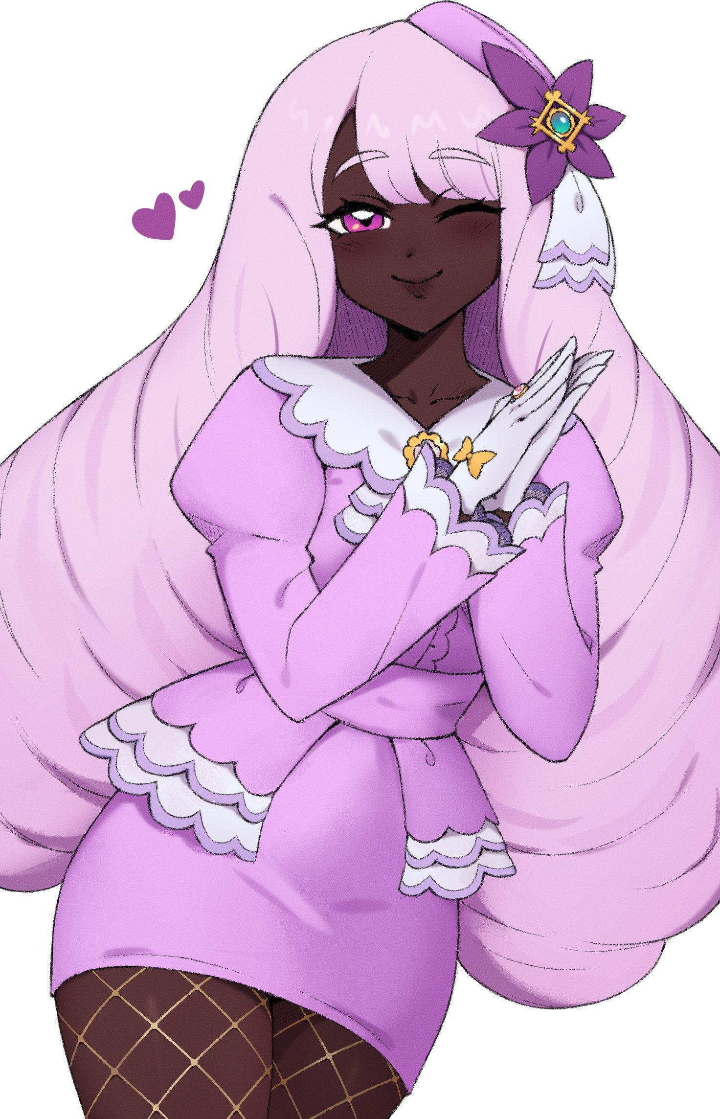 edmonmondo, jacinthe (pokemon), nintendo, pokemon, pokemon legends: z-a, highres, 1girl, ascot, bow, cowboy shot, dark-skinned female, dark skin, dress, fascinator, fishnet pantyhose, fishnets, frilled ascot, frills, glove bow, gloves, hair ornament, hands up, heart, jewelry, juliet sleeves, long hair, long sleeves, looking at viewer, low drills, one eye closed, own hands together, pantyhose, pencil dress, puffy sleeves, purple dress, purple eyes, purple hair, ring, short dress, smile, solo, very dark skin, white gloves, yellow bow