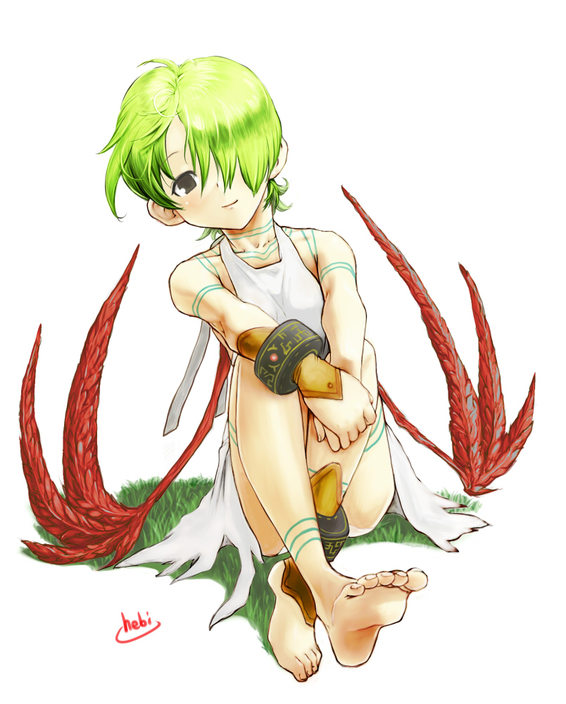 hebina masayoshi, nina (breath of fire v), breath of fire, breath of fire v, bad id, bad pixiv id, 1girl, barefoot, dress, feet, female focus, full-body tattoo, green hair, hair over one eye, red wings, short hair, solo, tattoo, wings