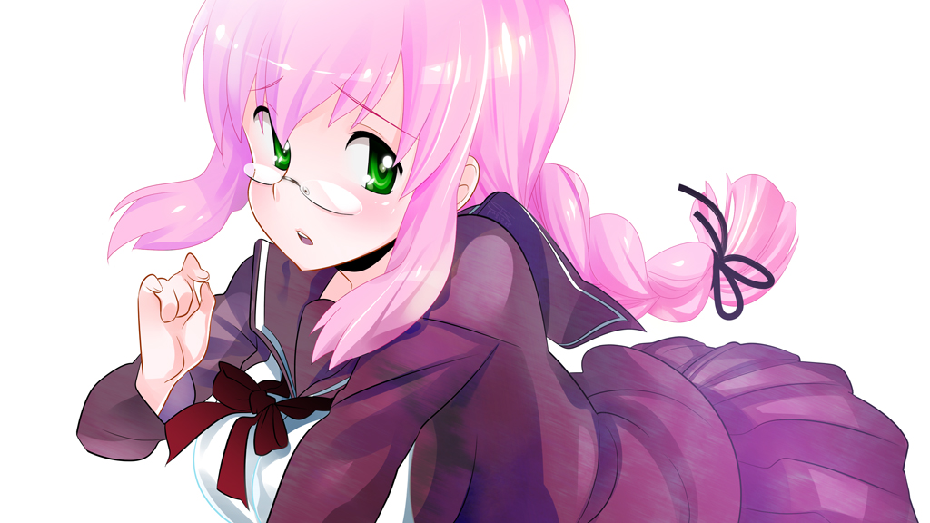 zpolice, original, bad id, bad pixiv id, 1girl, bow, braid, female focus, glasses, green eyes, long hair, pink hair, school uniform, serafuku, skirt, solo
