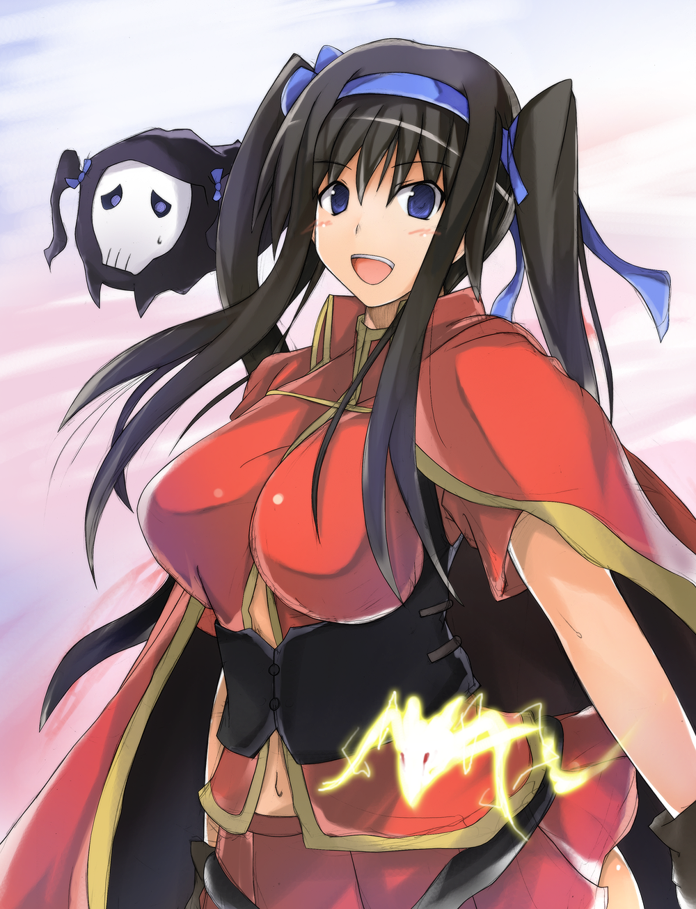 usugiri bacon, pixiv fantasia, pixiv fantasia 3, bad id, bad pixiv id, highres, 1girl, akatsuhara empire, black hair, blue eyes, breasts, female focus, ghost, gloves, hairband, large breasts, long hair, panda, short hair, shorts, smile, solo, twintails