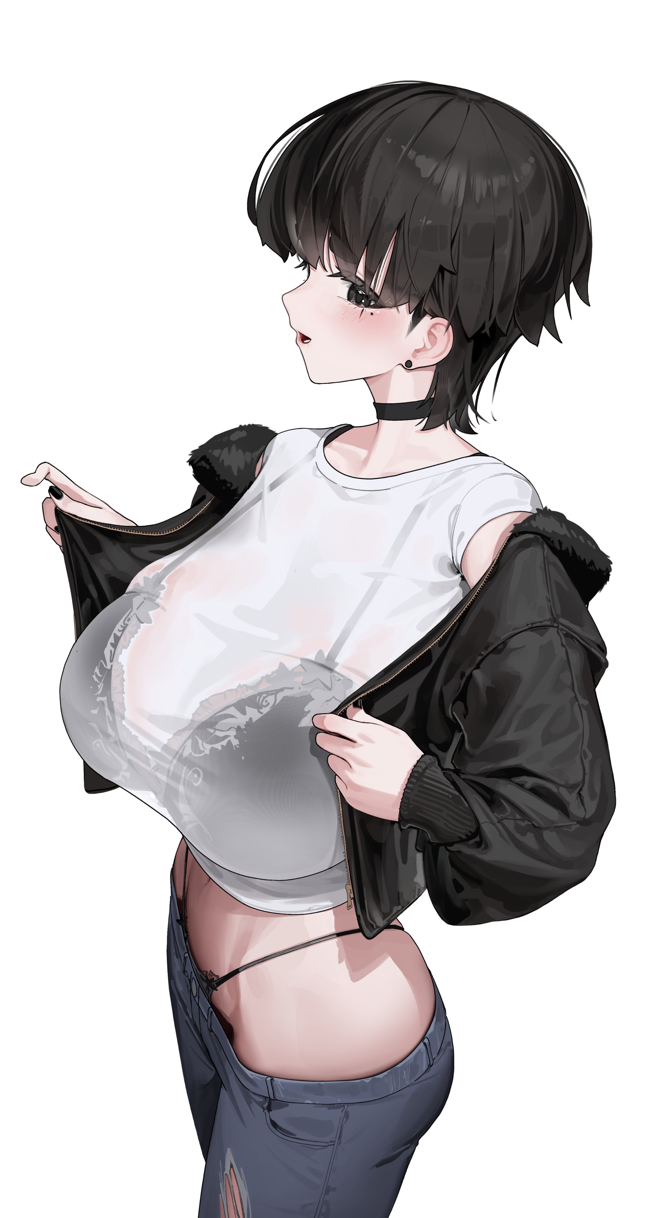 tagua, original, skinny jeans, absurdres, highres, 1girl, black bra, black choker, black eyes, black hair, black jacket, black nails, black panties, blush, bra, bra visible through clothes, breasts, choker, crop top, cropped jacket, cropped shirt, denim, earrings, eyelashes, jacket, jeans, jewelry, lace, lace bra, lace panties, large breasts, lingerie, looking at viewer, looking to the side, mole, mole under eye, nail polish, navel, open clothes, open jacket, open mouth, panties, pants, rene (tagua), shirt, short hair, simple background, solo, sparkling eyes, teeth, torn clothes, torn jeans, torn pants, underwear, very short hair, white background, white shirt