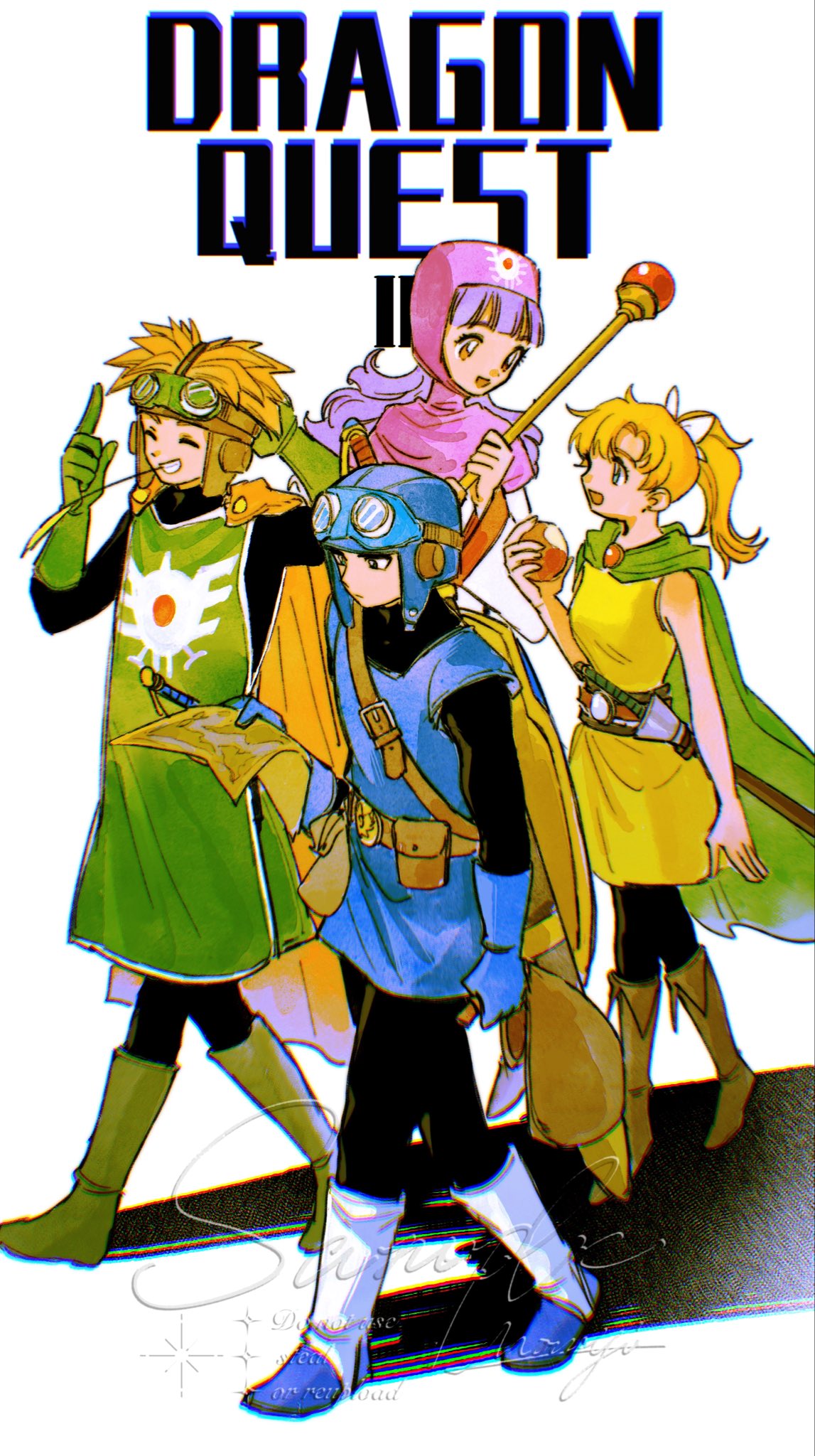 mouyi, prince of lorasia, prince of samantoria, princess of moonbrook, princess of samantoria, slime (dragon quest), dragon quest, dragon quest ii, commentary, highres, symbol-only commentary, 2boys, 2girls, belt, black bodysuit, blonde hair, blue gloves, blue hat, blue tunic, bodysuit, boots, bow, brother and sister, brown boots, copyright name, cousins, dress, full body, gloves, goggles, goggles on headwear, green boots, green gloves, green tabard, hair bow, hat, holding, holding staff, long hair, looking at another, multiple boys, multiple girls, pink hood, purple hair, robe, siblings, spiked hair, staff, tabard, tunic, walking, white boots, white bow, white robe, yellow dress