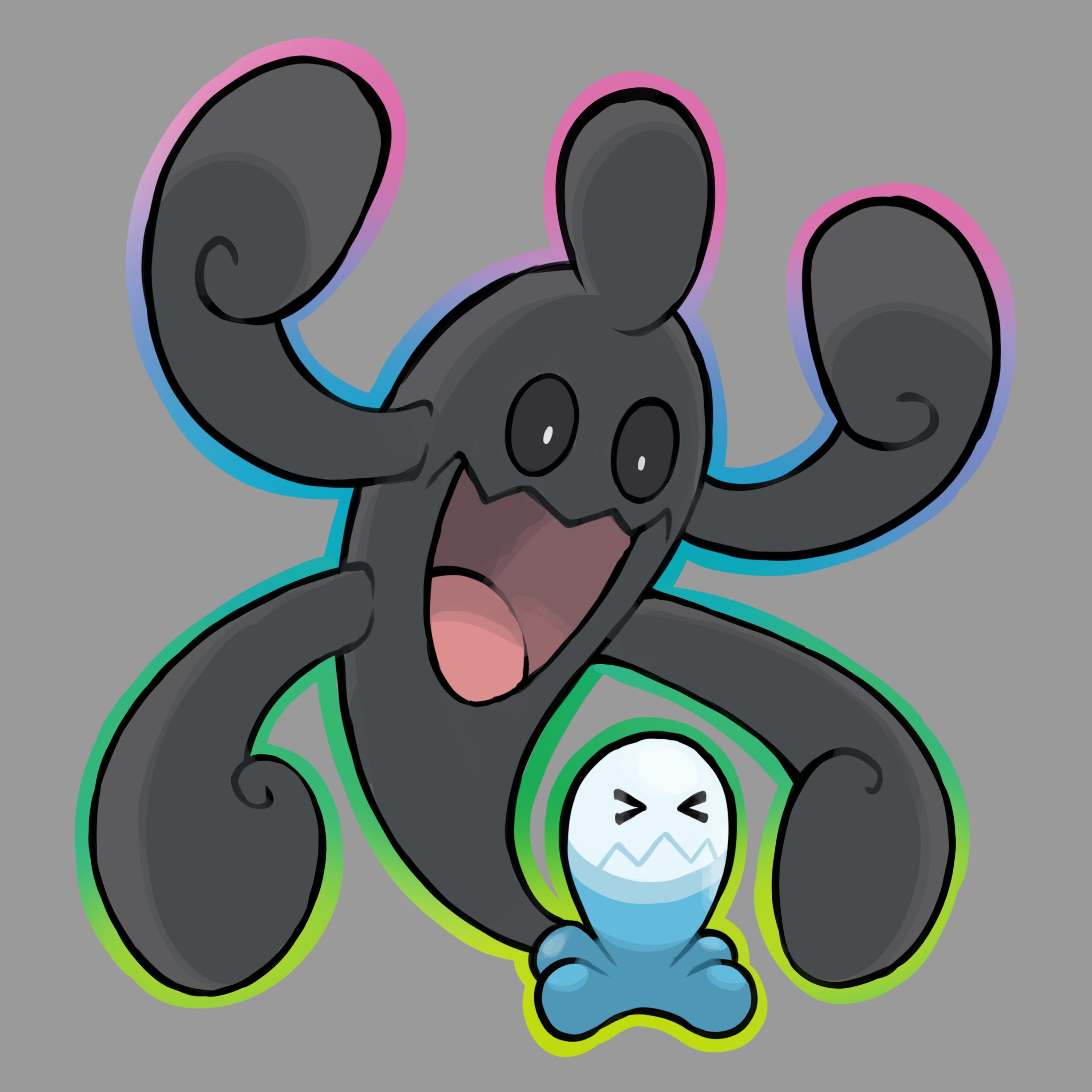 rgreywind, wobbuffet, nintendo, pokemon, absurdres, highres, > <, aura, extra arms, full body, gen 2 pokemon, mega pokemon (other), no humans, open mouth, pokemon (creature), pokemon focus, rainbow outline, simple background, smile, solo, wavy mouth