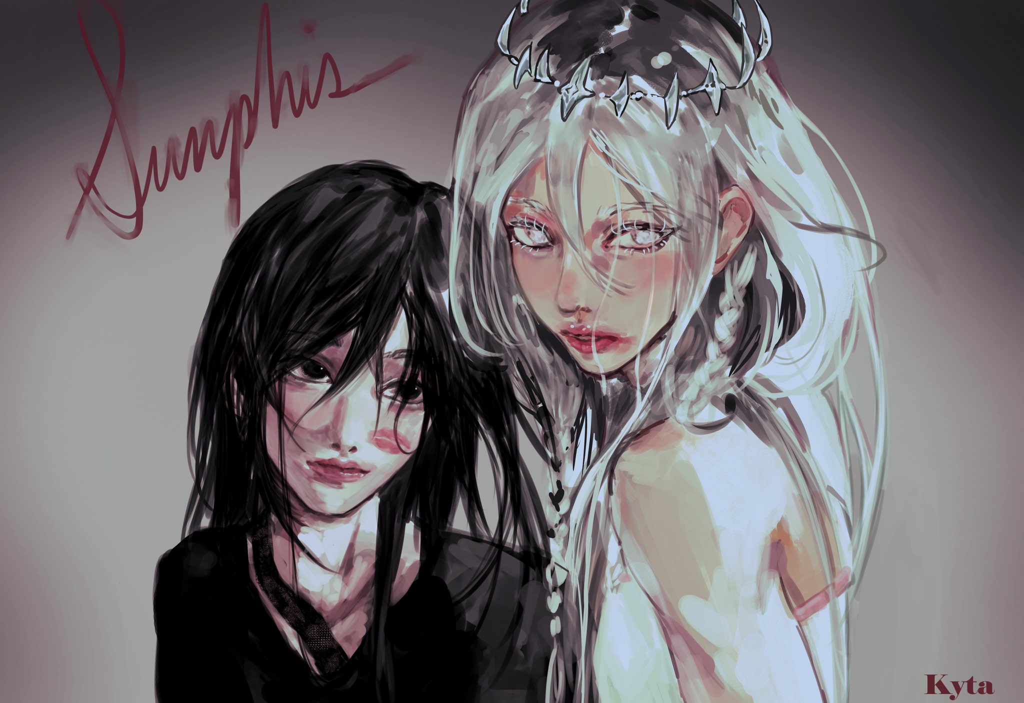 nephis (shadow slave), sunny (shadow slave), shadow slave, commentary, english commentary, highres, 1boy, 1girl, aegyo sal, black eyes, black hair, black shirt, braid, character name, chest markings, crown, dress, hair between eyes, head tilt, height difference, hetero, kyta 5, lipstick, lipstick mark, long hair, looking at another, looking at viewer, makeup, parted lips, red lips, shirt, smeared lipstick, smile, upper body, white dress, white eyes