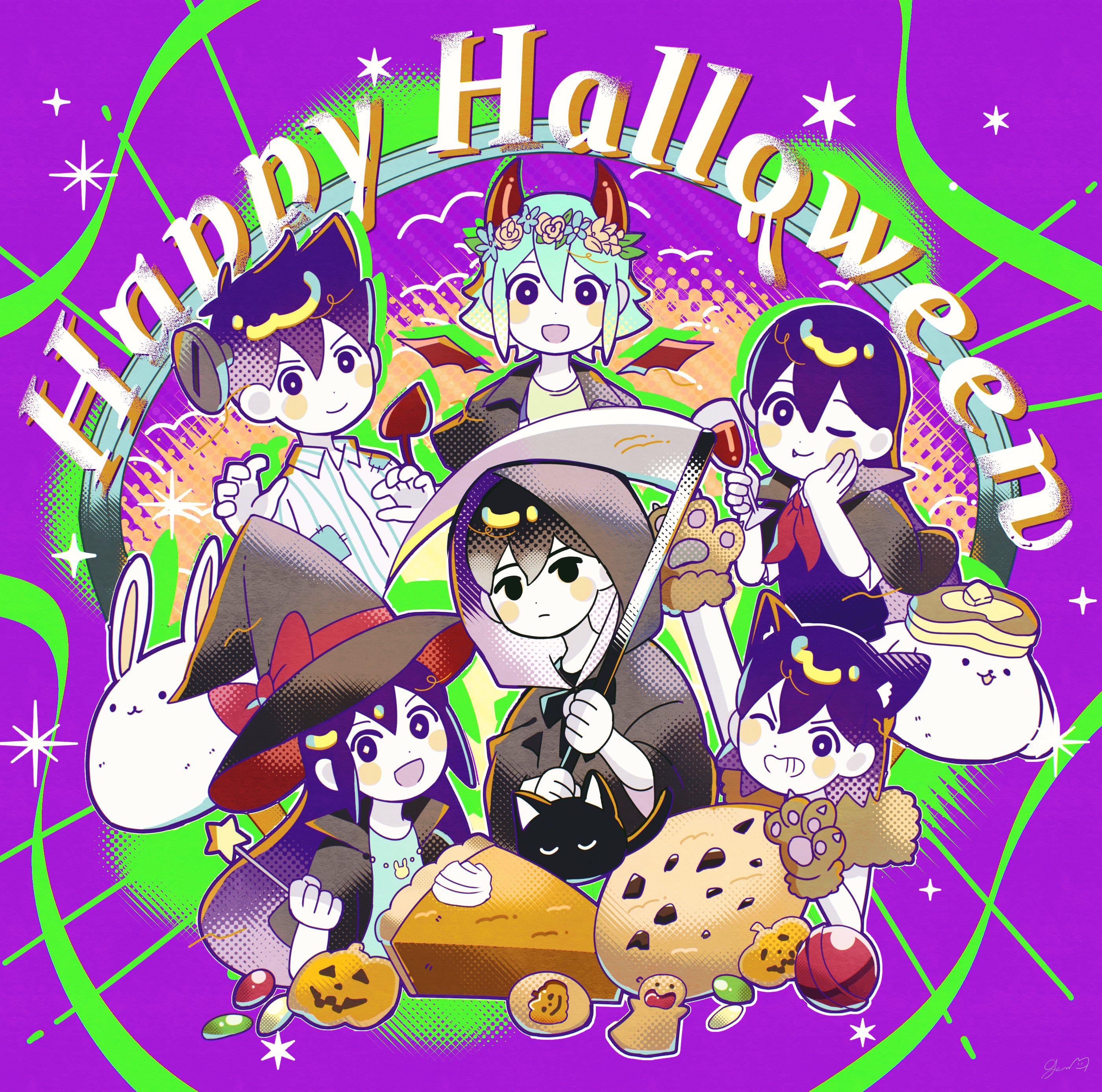 genk1zam4s, aubrey (headspace) (omori), aubrey (omori), basil (headspace) (omori), basil (omori), forest bunny (omori), hero (headspace) (omori), hero (omori), kel (headspace) (omori), kel (omori), mari (headspace) (omori), mari (omori), mewo, omori (omori), pancake bunny (omori), omori, absurdres, highres, 2girls, 4boys, alcohol, alternate costume, alternate eye color, black eyes, black hair, black hat, blush, bow, bright pupils, cat, closed mouth, cup, demon horns, demon tail, demon wings, double-parted bangs, drinking glass, fake horns, fake tail, fake wings, fang, fang out, flower, flower wreath, food, grin, hair between eyes, halloween costume, happy halloween, hat, hat bow, hat ribbon, head wreath, holding, holding cup, holding scythe, holding wand, horns, long hair, long sleeves, looking at viewer, multiple boys, multiple girls, neckerchief, one eye closed, open mouth, pajamas, pancake, pancake stack, purple eyes, purple hair, purple sweater vest, red bow, red neckerchief, red ribbon, ribbon, scythe, short hair, short sleeves, smile, striped clothes, striped pajamas, sweater vest, tail, teeth, vertical-striped clothes, vertical-striped pajamas, wand, white pupils, wine, wine glass, wings, witch hat