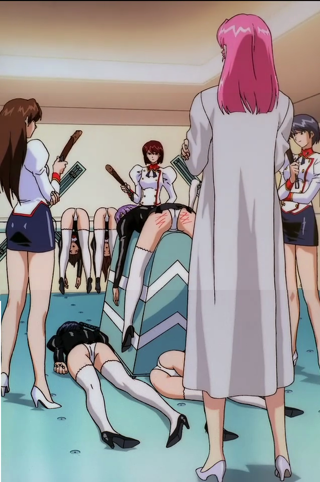 black delmo, black delmo leader, delmo, naomi (agent aika), neena hagen, white delmo, yuki (agent aika), agent aika, aika (series), white legwear, anime screenshot, stitched, third-party edit, 1990s (style), 6+girls, ass, bdsm, black hair, bondage, bound, brown hair, femdom, grey hair, high heels, latex, long hair, miniskirt, multiple girls, panties, pantyshot, pink hair, purple hair, red hair, retro artstyle, robe, shoes, short hair, skirt, spanked, thighhighs, unconscious, underwear, upskirt, white panties, yuri, zettai ryouiki