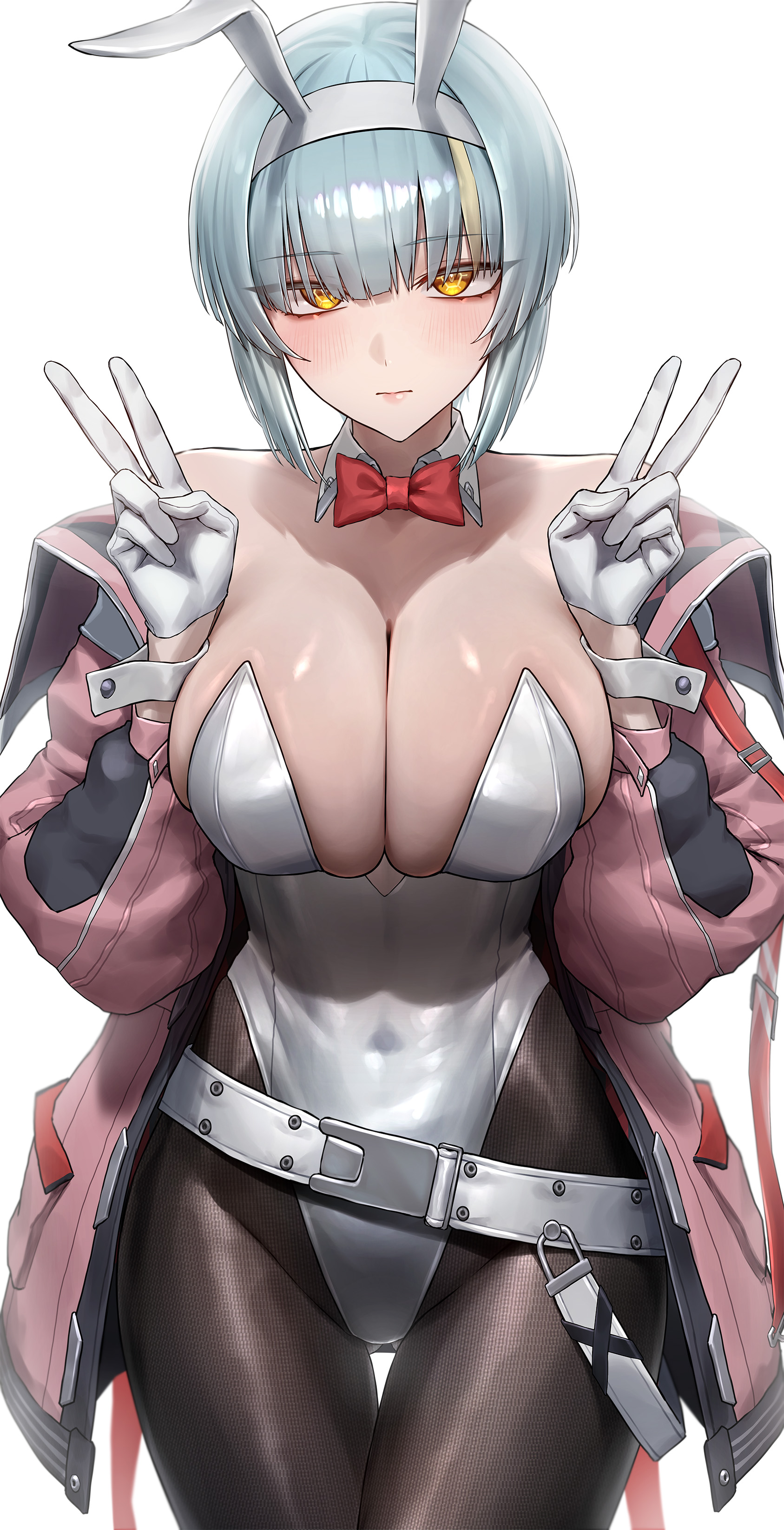 monegi, black survival, absurdres, commission, highres, pixiv commission, 1girl, animal ears, bare shoulders, blush, breasts, brown pantyhose, cleavage, covered navel, detached collar, fake animal ears, gloves, greyscale, highleg, highleg leotard, jacket, large breasts, leotard, long sleeves, looking at viewer, monochrome, multicolored hair, off shoulder, pantyhose, pink jacket, playboy bunny, rabbit ears, short hair, solo, streaked hair, thighs, white leotard, wrist cuffs, yellow eyes