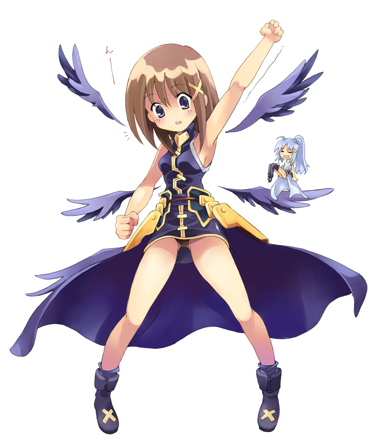 kouno hikaru, reinforce zwei, yagami hayate, lyrical nanoha, mahou shoujo lyrical nanoha, mahou shoujo lyrical nanoha strikers, bad id, bad pixiv id, 00s, 2girls, blue eyes, blue hair, blush, boots, breasts, brown hair, hair ornament, long hair, multiple girls, panties, pantyshot, ponytail, short hair, thighs, underwear, wings, x hair ornament