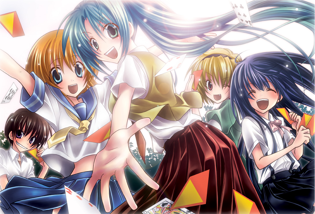 gepan, furude rika, houjou satoko, maebara keiichi, ryuuguu rena, sonozaki mion, higurashi no naku koro ni, 00s, 1boy, 4girls, blonde hair, blue eyes, blue hair, brown hair, card, closed eyes, fang, floating card, green eyes, green hair, hairband, holding, holding card, long hair, multiple girls, one eye closed, orange hair, ponytail, purple eyes, red eyes, school uniform, serafuku, short hair, skirt, smile, suspender skirt, suspenders, wink