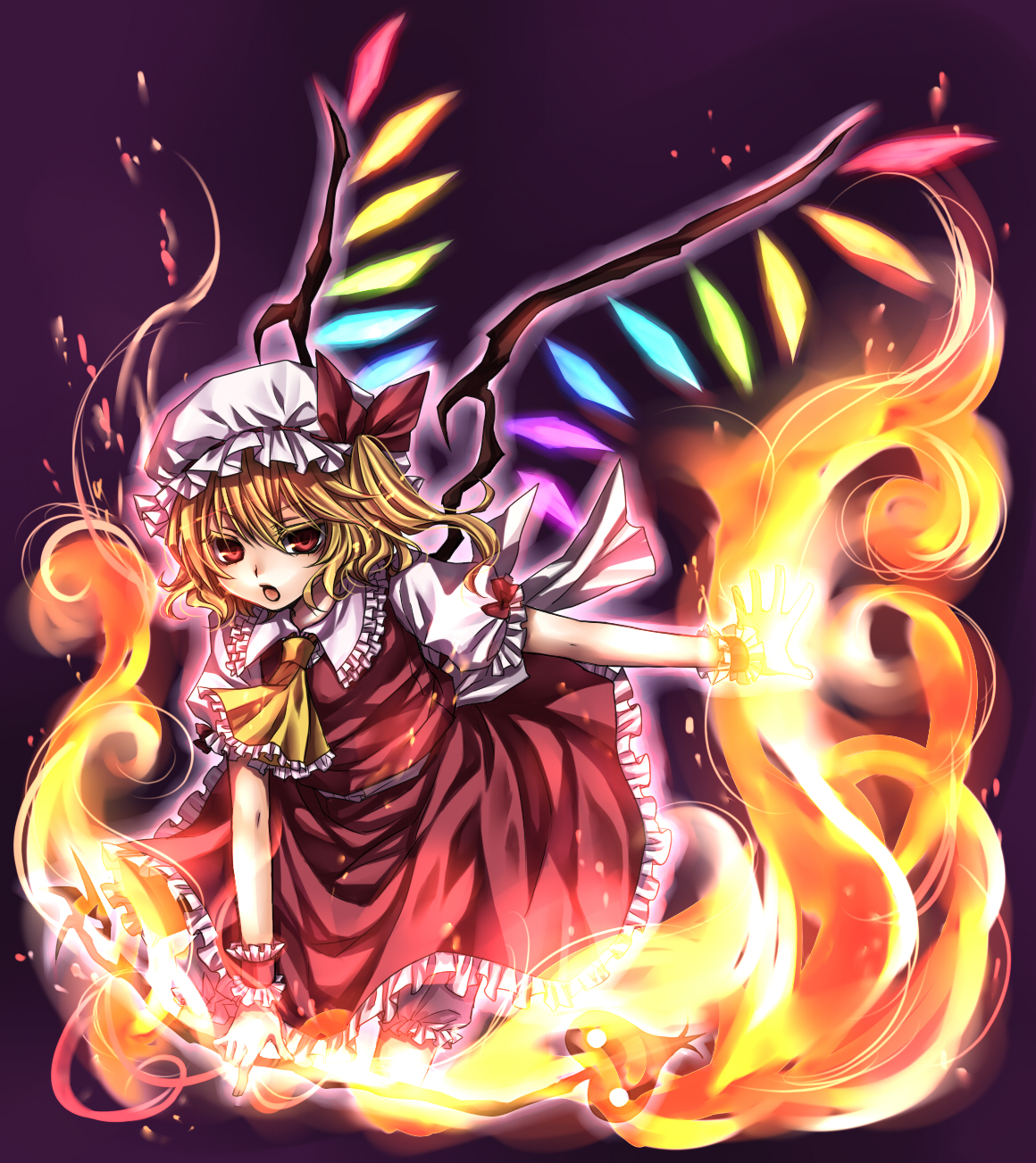 shiratama (mofutto), flandre scarlet, embodiment of scarlet devil, touhou, highres, 1girl, blonde hair, female focus, fire, hat, ponytail, red eyes, short hair, side ponytail, solo, wings, wrist cuffs