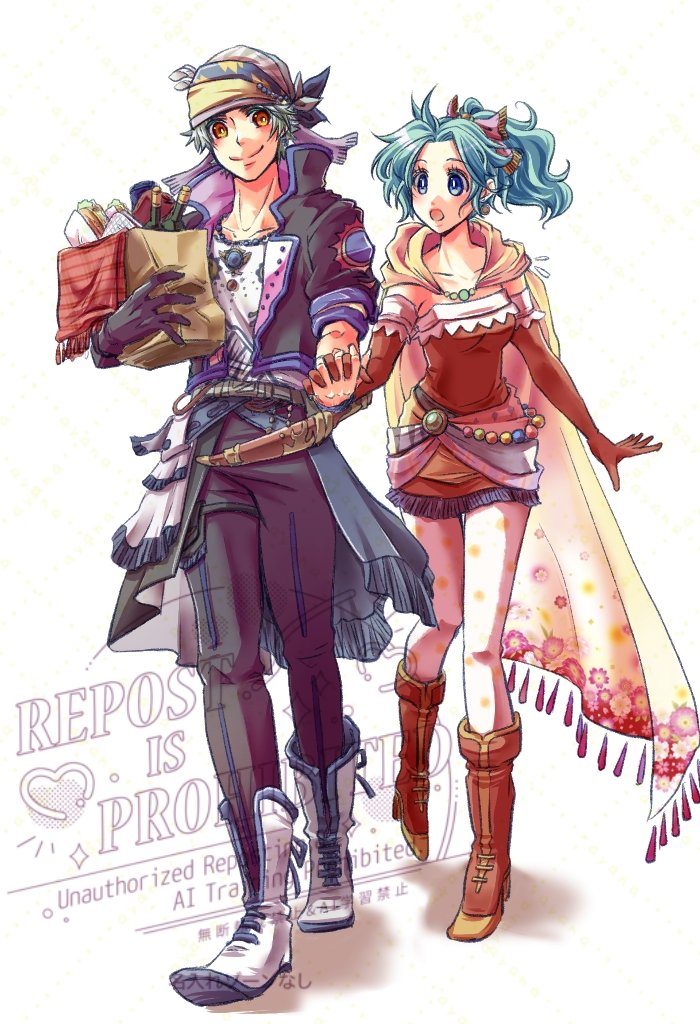 ayana (iqaw5cfohvdtver), locke cole, tina branford, final fantasy, final fantasy vi, 1boy, 1girl, arm up, bag, black gloves, black jacket, black pantyhose, blue eyes, blue trim, boots, breasts, brown eyes, cape, dress, elbow gloves, full body, gloves, gold trim, green hair, grey hair, hair ribbon, headscarf, hetero, holding, holding bag, holding hands, interlocked fingers, jacket, jewelry, long hair, medium breasts, necklace, open mouth, pantyhose, parted bangs, pink ribbon, polka dot, polka dot pantyhose, ponytail, red boots, red dress, red gloves, red sleeves, ribbon, sash, shirt, short hair, single glove, smile, tassel-trimmed cape, waist sash, walking, white background, white boots, white shirt, yellow cape