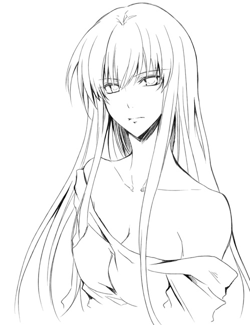 rena222, sasahara rena, c.c., code geass, bad id, bad pixiv id, 00s, 1girl, breasts, cleavage, female focus, greyscale, lineart, long hair, monochrome, solo, white background