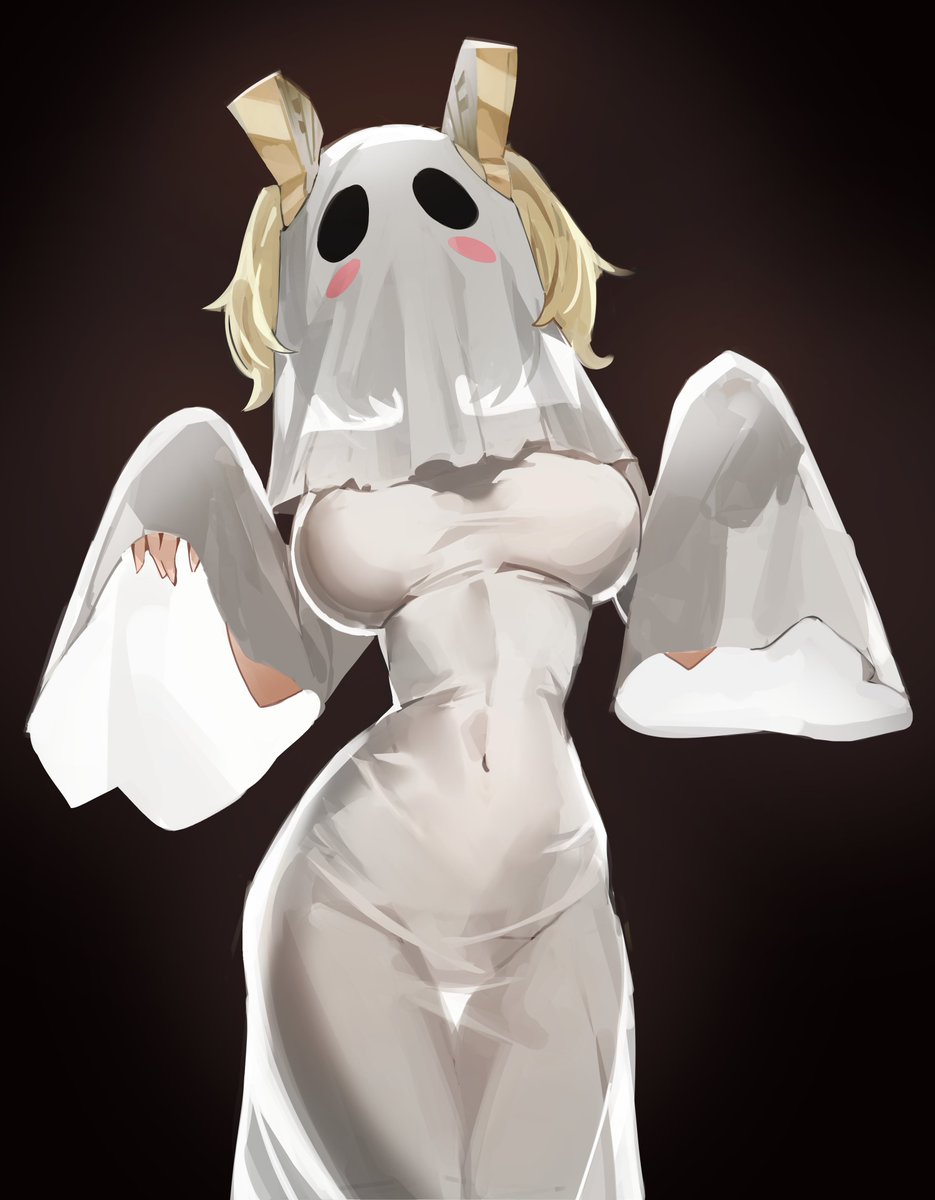 ppangchil, burnice white, zenless zone zero, commentary, highres, 1girl, blonde hair, blush, breasts, covered navel, cowboy shot, dark background, dress, ghost, ghost costume, ghost mask, ghost pose, halloween, halloween costume, medium breasts, naked costume, sheet ghost, short twintails, solo, standing, taut clothes, tight clothes, tight dress, twintails, white dress