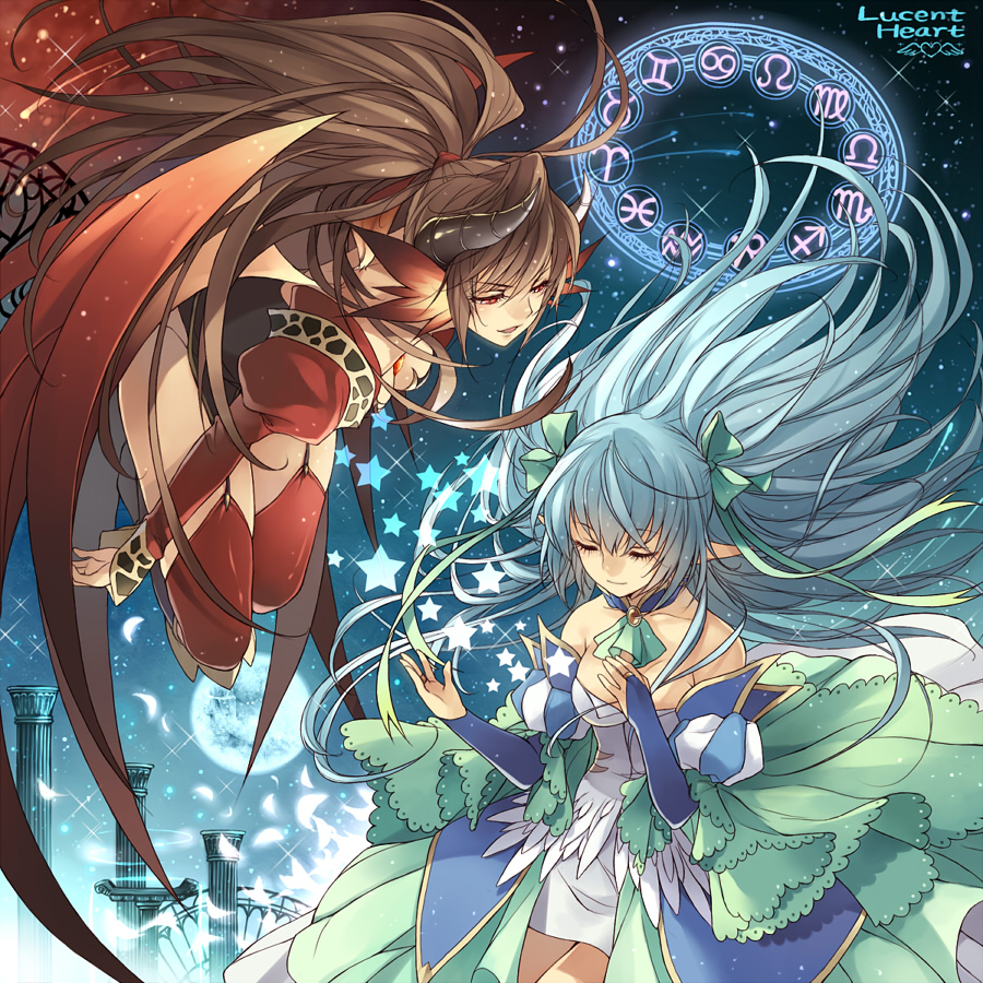 ryou (kimagure), cadena, theia, lucent heart, 2girls, aquarius (symbol), aries (symbol), bare shoulders, blue hair, bow, brown hair, cancer (symbol), capricorn (symbol), closed eyes, dress, fingerless gloves, gemini (symbol), gloves, hair bow, hair ribbon, head wings, horns, leo (symbol), libra (symbol), long hair, long sleeves, magic, magic circle, moon, multiple girls, night, pisces (symbol), ponytail, red eyes, ribbon, sagittarius (symbol), scorpio (symbol), star (symbol), taurus (symbol), thighhighs, virgo (symbol), wings, zodiac