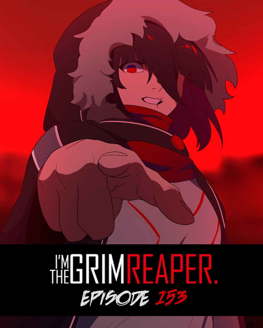 graveweaver, scarlet (i'm the grim reaper), i'm the grim reaper, highres, official art, promotional art, 1girl, black hair, black jacket, bob cut, clenched teeth, colored inner hair, english text, floating hair, fur-trimmed hood, fur trim, hand up, hood, hood up, jacket, looking at viewer, multicolored hair, one eye covered, pointing, pointing at viewer, red eyes, scar, scar on face, scar on mouth, serious, shirt, solo, teeth, upper body, white shirt, wide-eyed