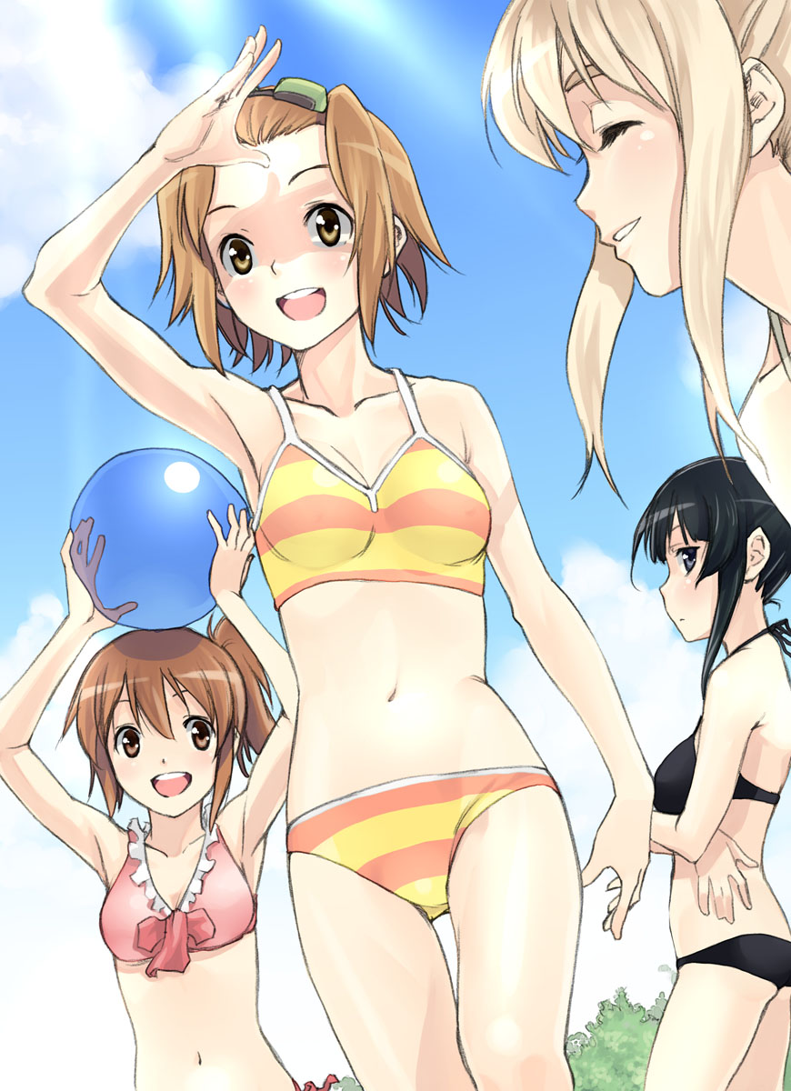 satou atsuki, akiyama mio, hirasawa yui, kotobuki tsumugi, tainaka ritsu, k-on!, highres, 00s, 4girls, bikini, cloud, day, ho-kago tea time, midriff, multiple girls, navel, open mouth, round teeth, sky, striped bikini, striped clothes, swimsuit, teeth, tomboy