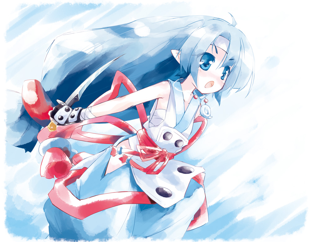 yukitarou (awamori), yukimaru, disgaea, makai senki disgaea 2, nippon ichi, 1girl, bandages, blue eyes, blue hair, dagger, gloves, knife, long hair, low-tied long hair, ninja, pointy ears, sarashi, weapon