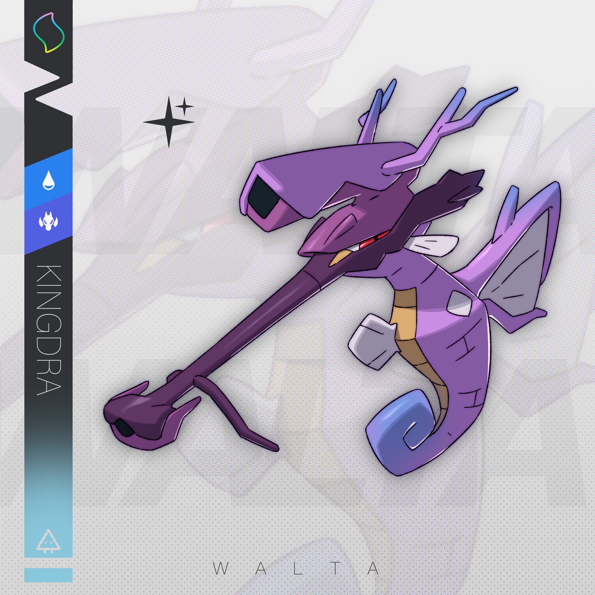 art walta, kingdra, nintendo, pokemon, highres, alternate color, character name, fish, full body, gen 2 pokemon, looking at viewer, mega pokemon (other), no humans, pokemon (creature), pokemon focus, scope, seahorse, shiny pokemon, solo