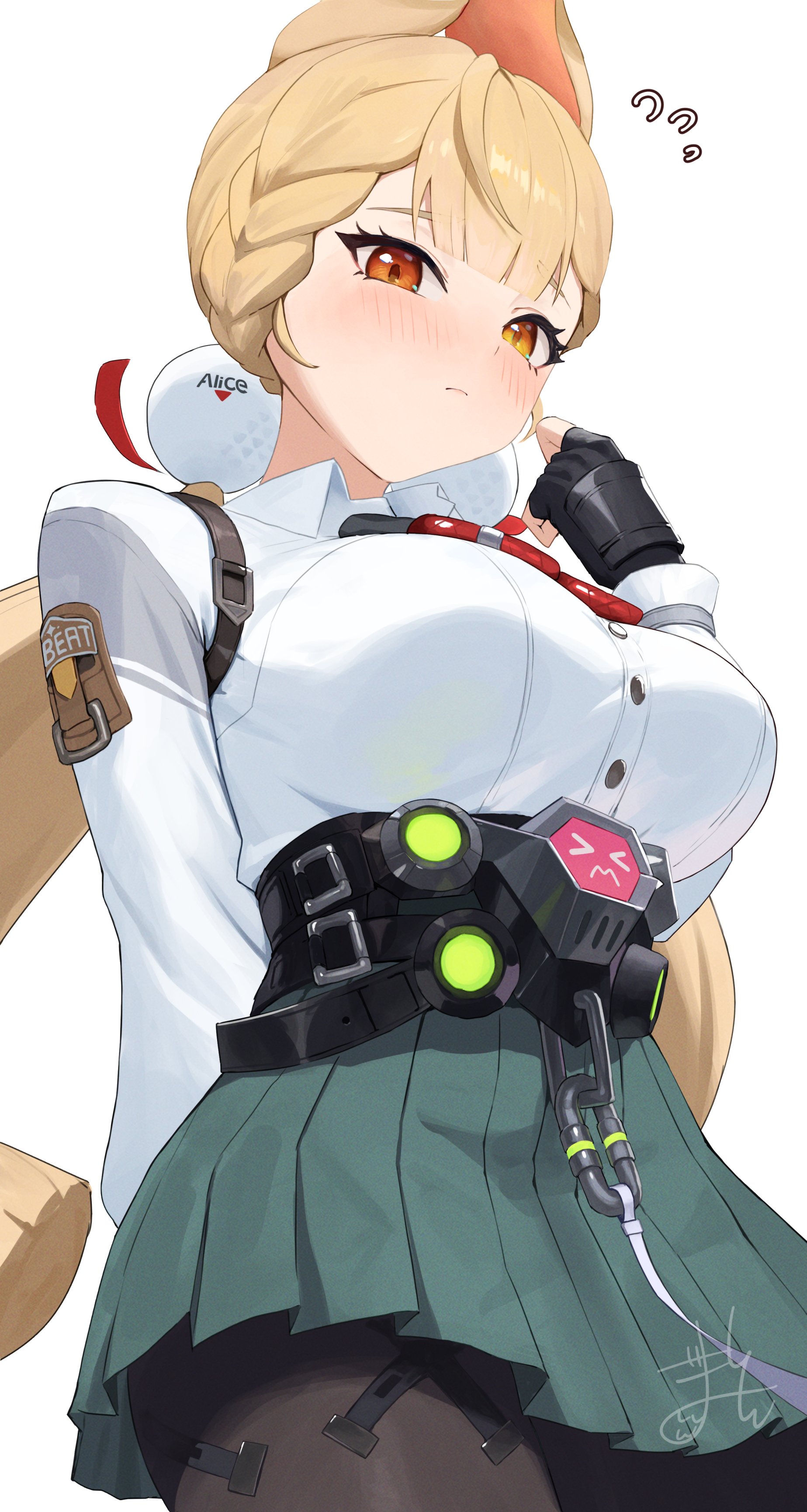 gomashiwo o, alice thymefield, zenless zone zero, absurdres, highres, 1girl, animal ears, black pantyhose, blonde hair, blush, breasts, green skirt, heterochromia, large breasts, pantyhose, pleated skirt, rabbit ears, red eyes, shirt, skirt, solo, twintails, white shirt, yellow eyes