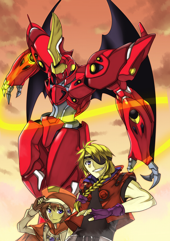 yosimura, andvari (mecha), bartholomew fatima, marguerite fatima, xenogears, bad id, bad pixiv id, 1boy, 1girl, blonde hair, blue eyes, braid, eyepatch, hair over shoulder, hat, mecha, orange hat, robot