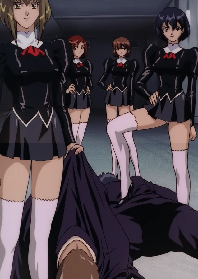 ayumi (agent aika), black delmo, black delmo k, delmo, rika (agent aika), yuki (agent aika), agent aika, aika (series), white legwear, anime screenshot, stitched, third-party edit, 1990s (style), 4girls, black hair, brown hair, femdom, hands on own hips, latex, miniskirt, multiple girls, red hair, retro artstyle, short hair, skin tight, skirt, thighhighs