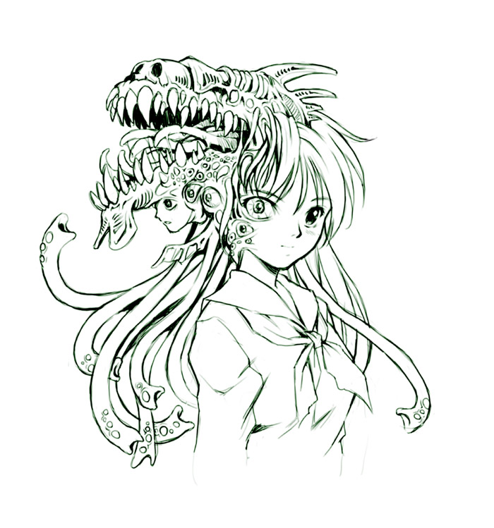 artist request, monochrome, monster girl, school uniform, what