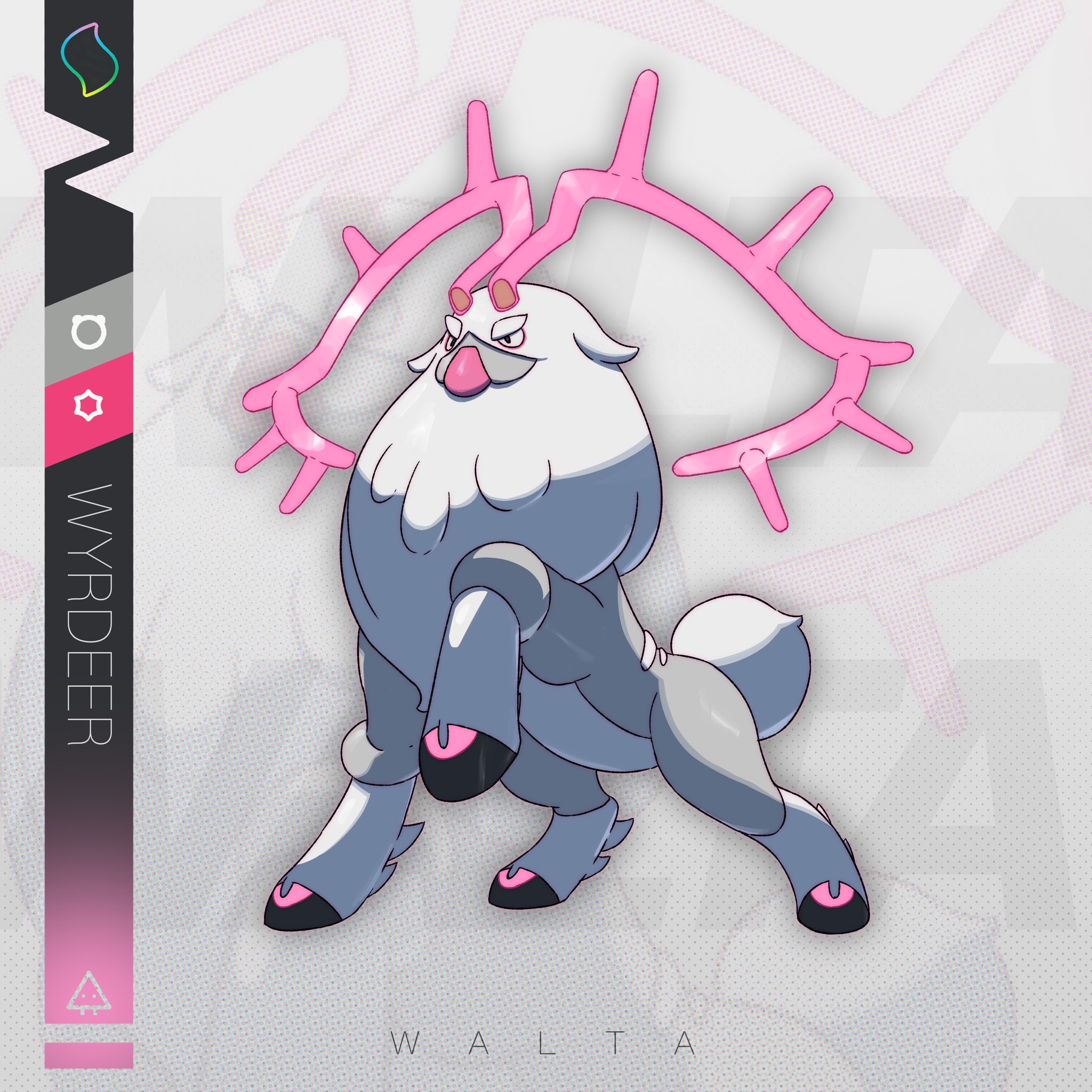 art walta, wyrdeer, nintendo, pokemon, pokemon legends: arceus, highres, antlers, character name, full body, glowing antlers, glowing horns, grey fur, horns, mega pokemon (other), no humans, pokemon (creature), pokemon focus, solo, white fur