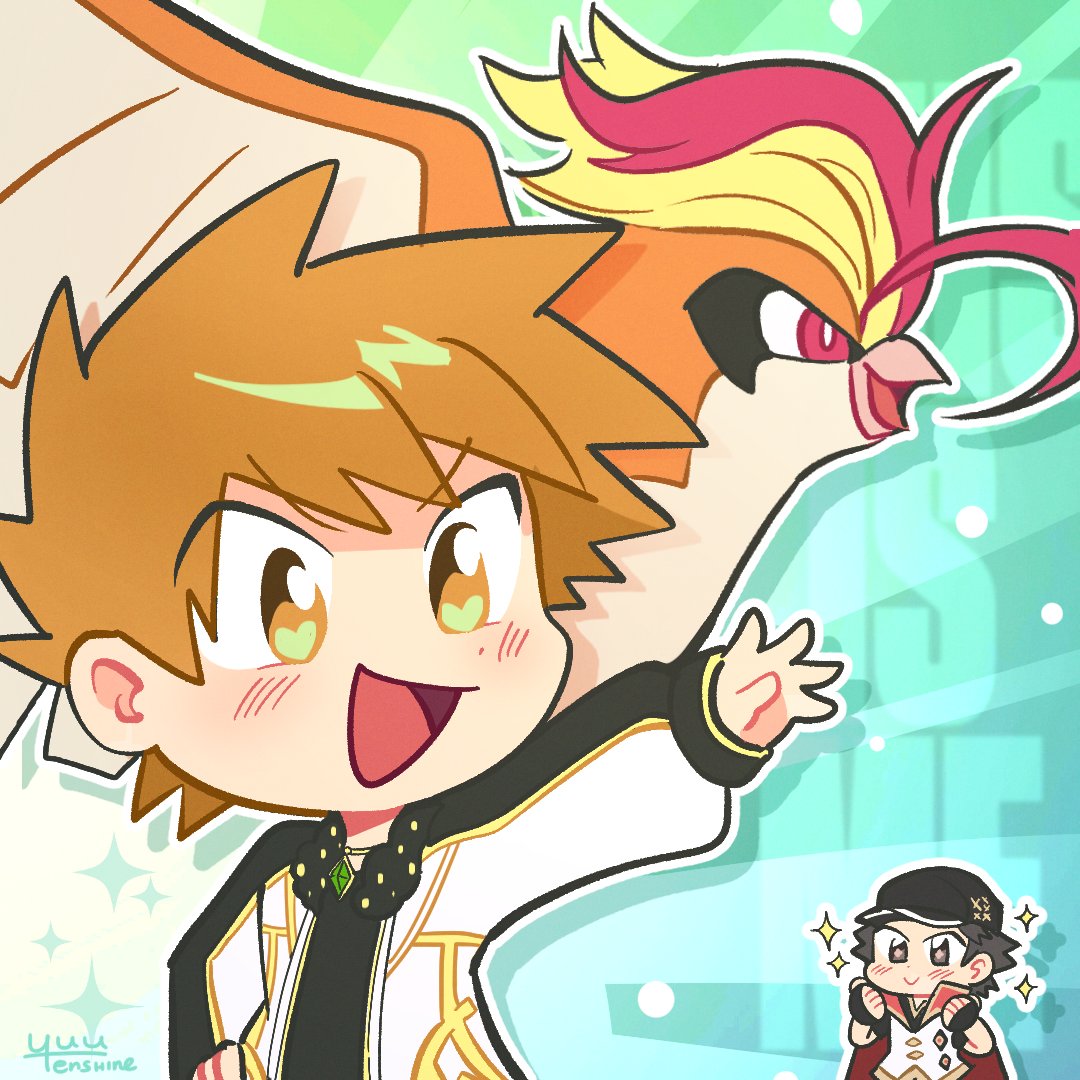 blue oak (arc suit), mega pidgeot, pidgeot, red (anniversary 2025) (pokemon), red (pokemon), nintendo, pokemon, pokemon masters ex, 2boys, beak, bird, black gloves, black hat, black shirt, brown eyes, brown hair, cape, chibi, closed mouth, epaulettes, fingerless gloves, fur trim, gem, gen 1 pokemon, gloves, green gemstone, hat, jacket, jewelry, male focus, mega pokemon, multiple boys, necklace, official alternate costume, open clothes, open jacket, open mouth, plum, pokemon (creature), popped collar, red cape, shirt, short hair, smile, spiked hair, star (symbol), vest, white jacket, white vest, yuutenshine