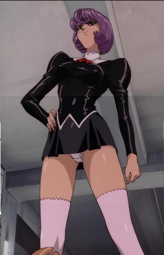 black delmo, black delmo leader, delmo, agent aika, aika (series), screencap, anime screenshot, stitched, third-party edit, 1990s (style), 1girl, black eyes, hand on own hip, latex, miniskirt, panties, pantyshot, purple hair, retro artstyle, shiny clothes, shiny skin, skin tight, skirt, smug, standing, thighhighs, underwear, upskirt, white panties, white thighhighs, wide hips