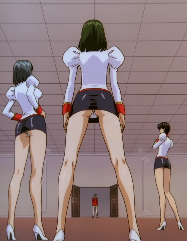 adjutant (agent aika), delmo, delmo commander, nina esuko, sumeragi aika, white delmo, agent aika, aika (series), screencap, anime screenshot, stitched, third-party edit, 1990s (style), 4girls, black hair, brown hair, green hair, grey hair, latex, legs, miniskirt, multiple girls, panties, pantyshot, retro artstyle, short hair, skin tight, skirt, underwear, upskirt