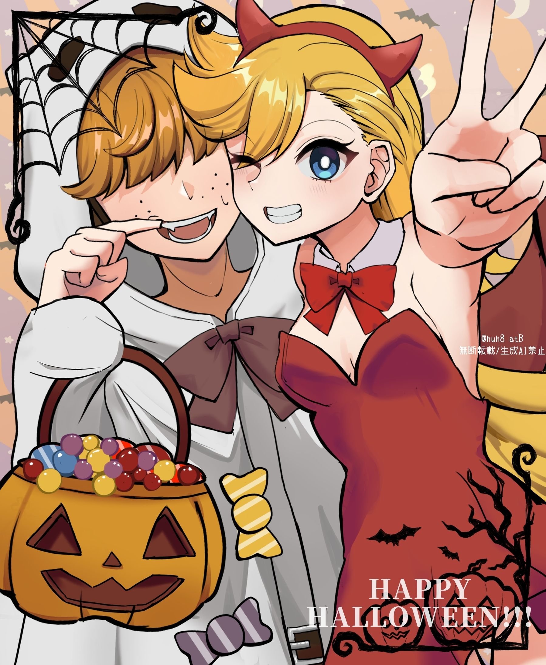 brief (psg), panty (psg), panty & stocking with garterbelt, highres, 1boy, 1girl, angel, belt, blonde hair, blue eyes, bow, breasts, candy, cleavage, couple, dress, english text, fake horns, food, freckles, ghost costume, hair over eyes, hairband, halloween, halloween costume, halo, happy halloween, hch8 atb, hetero, horn hairband, horn ornament, horns, jewelry, long hair, looking at viewer, medium breasts, one eye closed, orange hair, red dress, smile, teeth, traditional halo