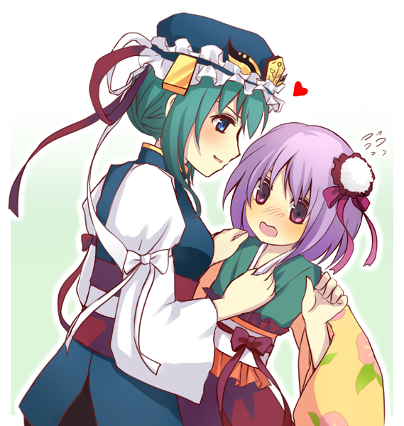 jing hu, kiyoshi mizuumi +, hieda no akyuu, shiki eiki, touhou, hand on shoulder, bad id, bad pixiv id, 2girls, blush, embarrassed, female focus, heart, multiple girls, yuri