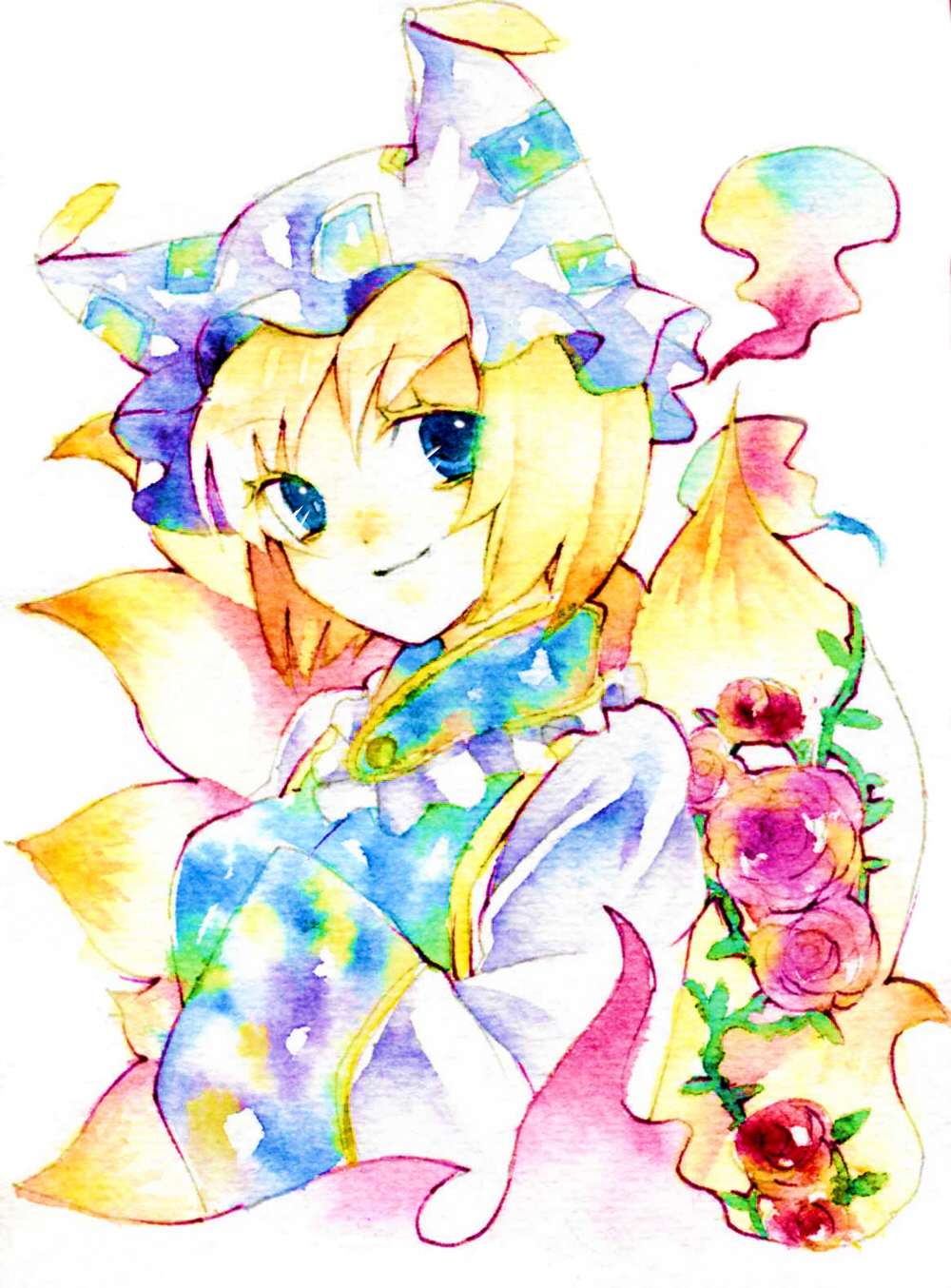 legomaru, yakumo ran, touhou, bad id, bad pixiv id, highres, painting (medium), traditional media, watercolor (medium), 1girl, animal hat, blonde hair, blue eyes, female focus, flower, hat, long sleeves, looking at viewer, mob cap, multiple tails, rose, short hair, smile, solo, tail, tassel, white background, wide sleeves