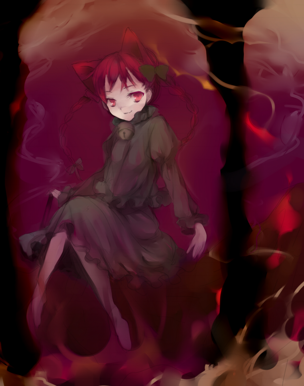 legomaru, kaenbyou rin, touhou, bad id, bad pixiv id, highres, 1girl, animal ears, barefoot, braid, cat ears, cat girl, female focus, full body, red eyes, red hair, sitting, smirk, solo, twin braids