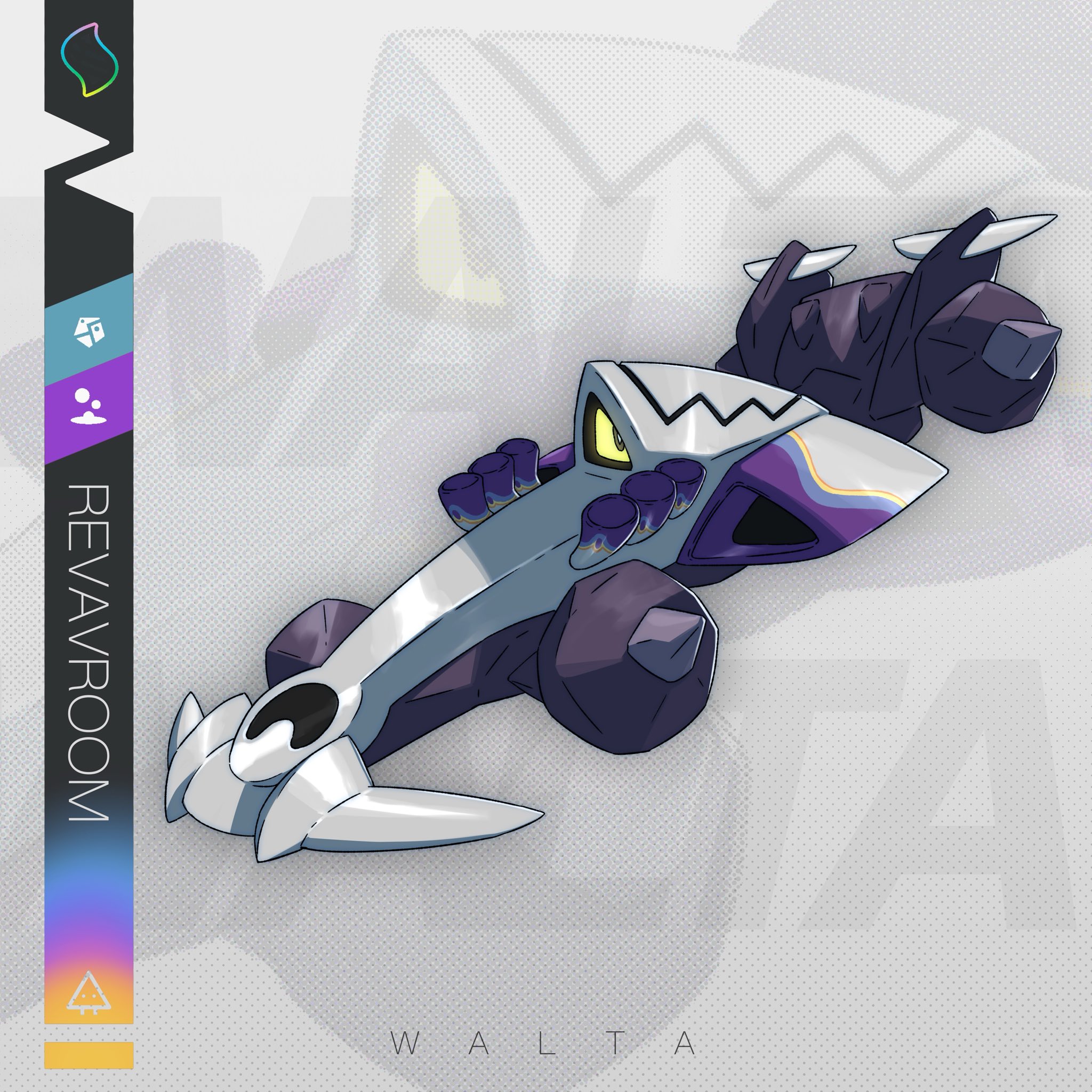 art walta, revavroom, nintendo, pokemon, highres, car, character name, full body, glowing, glowing eye, looking at viewer, mega pokemon (other), motor vehicle, no humans, one-eyed, pokemon (creature), pokemon focus, race vehicle, racecar, solo