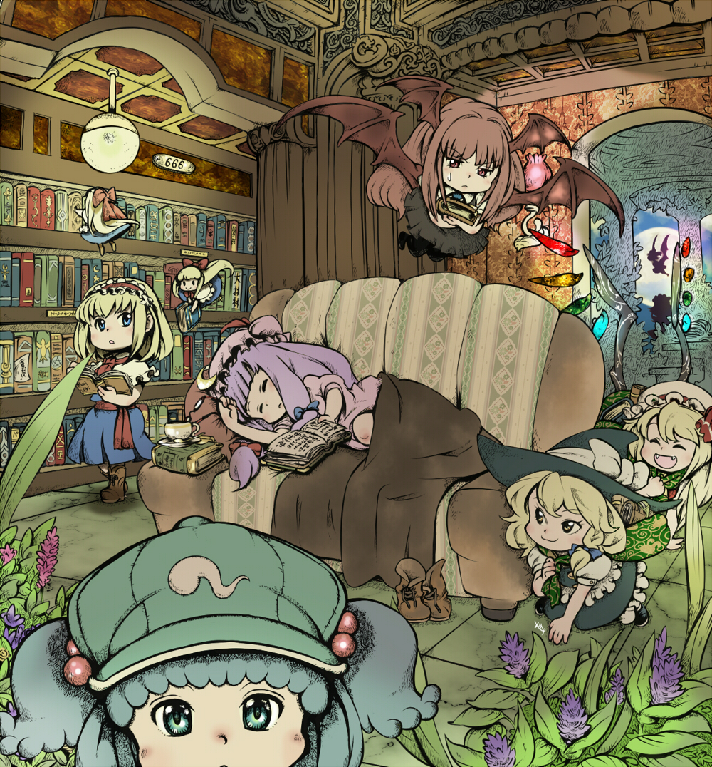 azito7, alice margatroid, flandre scarlet, izayoi sakuya, kawashiro nitori, kirisame marisa, koakuma, patchouli knowledge, remilia scarlet, shanghai doll, touhou, >:3, 6+girls, :3, :d, ^ ^, bat wings, blanket, blonde hair, blue eyes, blue hair, book, bookshelf, braid, chibi, closed eyes, couch, doll, fangs, female focus, glasses, hair bobbles, hair ornament, hairband, hat, head wings, long hair, multiple girls, open mouth, ponytail, purple hair, red eyes, red hair, shoes, short hair, side ponytail, sleeping, smile, twintails, unworn eyewear, v-shaped eyebrows, wings, witch, witch hat, yellow eyes