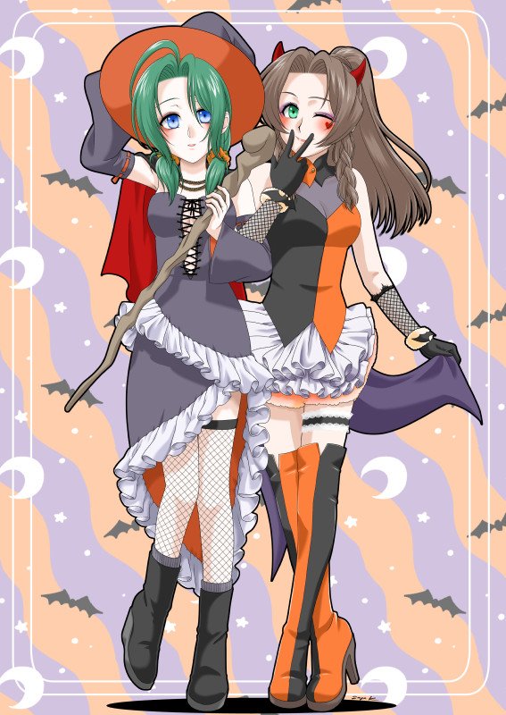 aerith gainsborough, kirishima saya, tina branford, final fantasy, final fantasy vi, final fantasy vii, 2girls, alternate costume, bare shoulders, bat (animal), bat ornament, black boots, black dress, black gloves, black sleeves, blue eyes, blush, boots, breasts, brown hair, covering own mouth, crescent moon, demon costume, demon horns, detached sleeves, dress, fishnet gloves, fishnet thighhighs, fishnets, frilled dress, frills, full body, gloves, green eyes, green hair, hair ornament, hair scrunchie, halloween costume, hand over own mouth, hat, high heel boots, high heels, horns, jewelry, locked arms, low twintails, medium breasts, moon, multicolored boots, multiple girls, necklace, one eye closed, orange boots, parted bangs, ponytail, scrunchie, short dress, sidelocks, smile, thigh boots, thighhighs, twintails, two-tone boots, two-tone dress, v, witch, witch hat