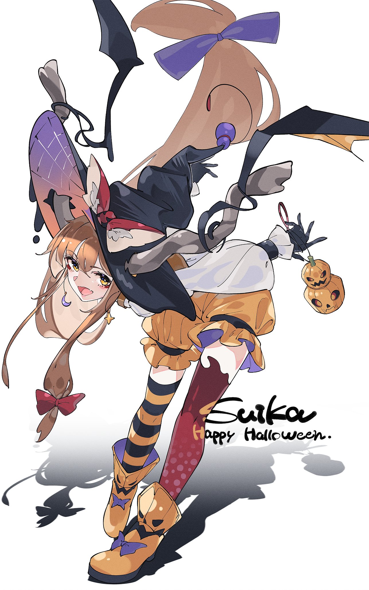 o (crazyoton46), ibuki suika, touhou, commentary request, highres, 1girl, :d, asymmetrical legwear, black gloves, black hat, bloomers, boots, bow, brown horns, character name, charm (object), crescent, crescent earrings, earrings, english text, fang, floating hair, footwear bow, full body, gloves, hair bow, halloween, happy halloween, hat, hat bow, holding, holding charm, horns, horns through headwear, jewelry, leaning forward, long hair, long sleeves, looking at viewer, low-tied long hair, low-tied sidelocks, mismatched earrings, open mouth, orange bloomers, orange boots, orange hair, orange vest, puffy long sleeves, puffy sleeves, pumpkin, purple bow, red bow, shadow, shirt, sidelocks, simple background, skin fang, smile, star (symbol), star earrings, striped clothes, striped thighhighs, thighhighs, underwear, very long hair, vest, white background, white shirt, witch hat, yellow eyes