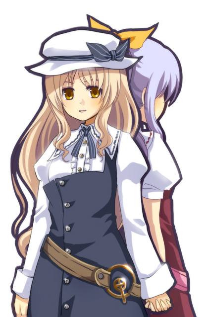 jing hu, kiyoshi mizuumi +, watatsuki no toyohime, watatsuki no yorihime, silent sinner in blue, touhou, bad id, bad pixiv id, 2girls, back-to-back, blonde hair, blue hair, female focus, hat, holding hands, long hair, multiple girls, ribbon