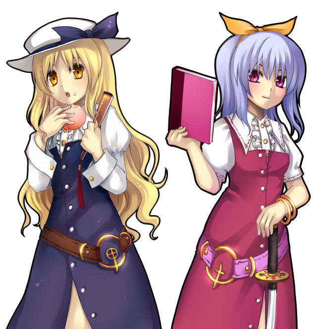 jing hu, kiyoshi mizuumi +, watatsuki no toyohime, watatsuki no yorihime, silent sinner in blue, touhou, bad id, bad pixiv id, 2girls, belt, blonde hair, blue hair, book, bow, bracelet, female focus, food, fruit, hair bow, hat, jewelry, katana, long hair, multiple girls, peach, ponytail, ribbon, sword, weapon