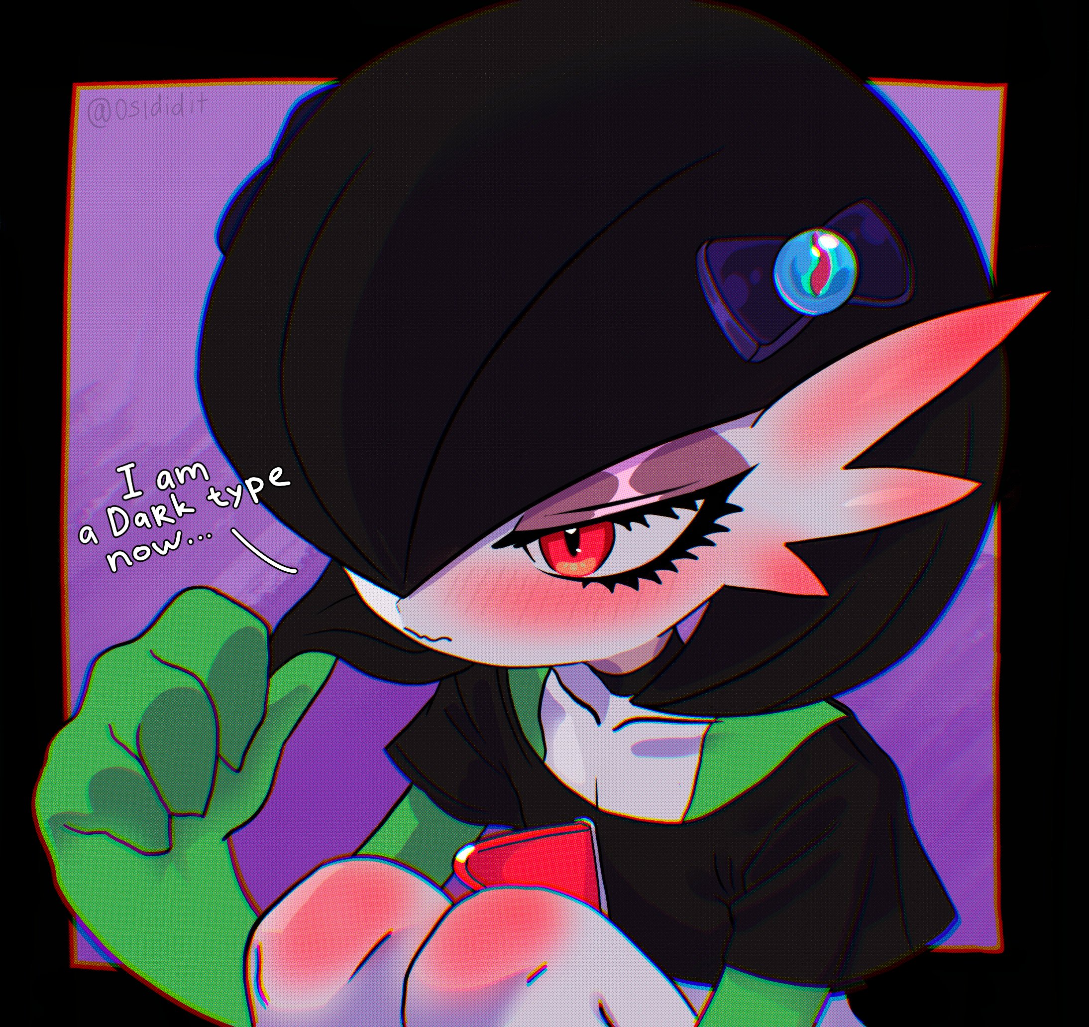 osidid, gardevoir, nintendo, pokemon, highres, artist name, black hair, blush, bob cut, clothed pokemon, colored skin, eyeshadow, gen 3 pokemon, green skin, hair ornament, makeup, mega stone, multicolored skin, pink eyes, pokemon (creature), purple background, two-tone skin, white skin