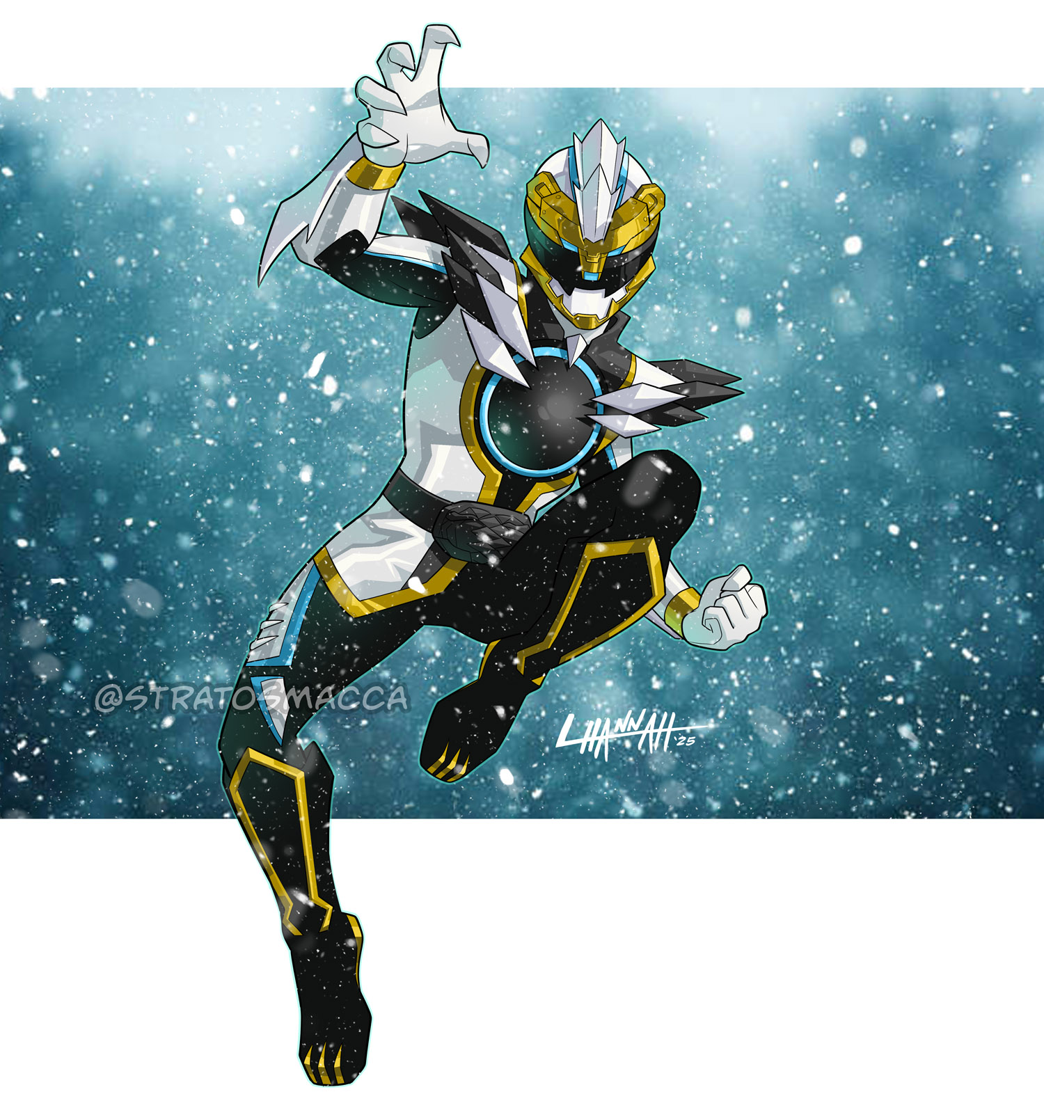 stratosmacca, no.1 sentai gozyuger, super sentai, highres, 1boy, armor, bodysuit, full body, gozyupolar, helmet, signature, solo, twitter username, white bodysuit, white helmet