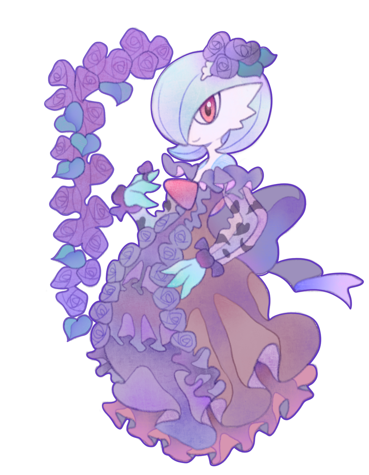 pkyung88, gardevoir, nintendo, pokemon, highres, black dress, bob cut, clothed pokemon, colored skin, dress, dress flower, flower, gen 3 pokemon, green hair, green skin, hair flower, hair ornament, multicolored skin, pink eyes, pokemon (creature), purple flower, simple background, smile, two-tone skin, white background, white skin