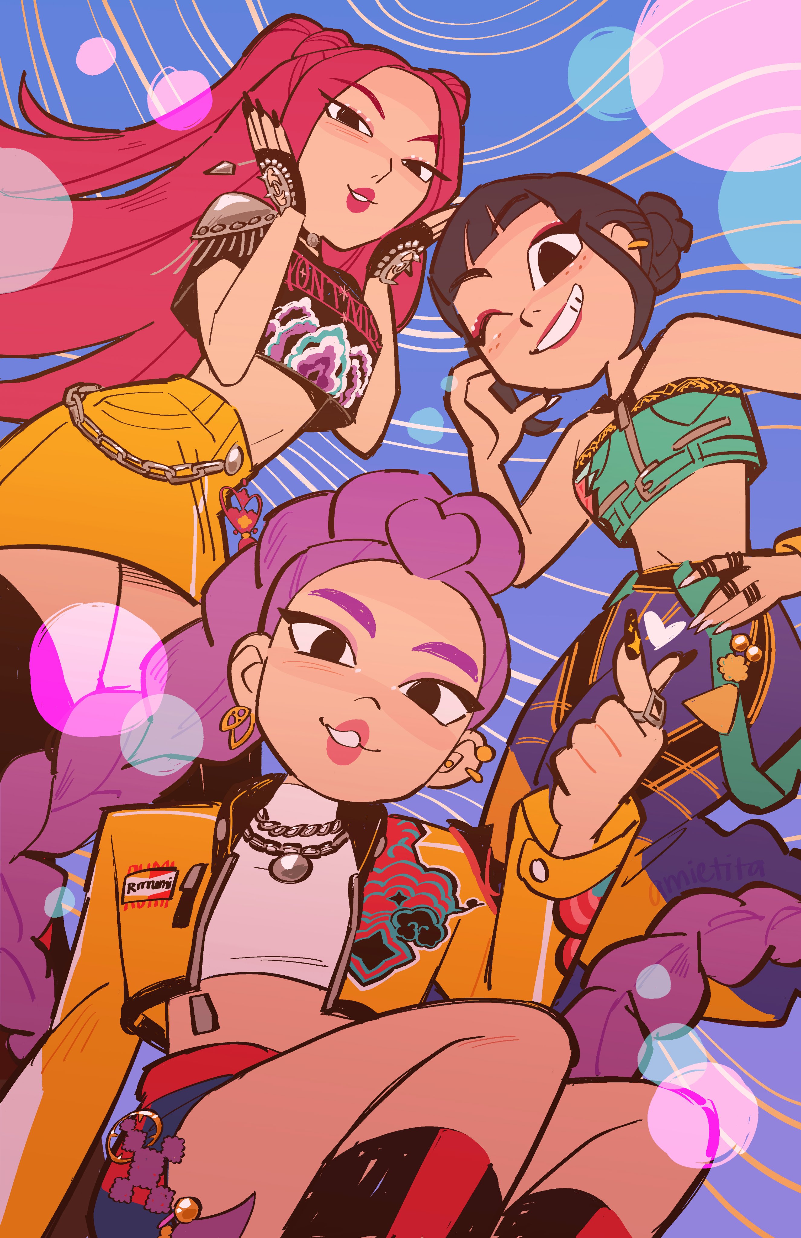 amie sanchez, mira (kpop demon hunters), rumi (kpop demon hunters), zoey (kpop demon hunters), kpop demon hunters, absurdres, highres, 3girls, aqua shirt, armor, bare shoulders, black boots, black hair, black nails, blue background, blunt bangs, boots, braid, breasts, crop top, cropped jacket, double bun, earrings, fingernails, freckles, grin, hair bun, half updo, halterneck, hand on own hip, hands on own cheeks, hands on own face, jacket, jewelry, long fingernails, long hair, medium breasts, midriff, miniskirt, multiple girls, multiple necklaces, one eye closed, parted lips, pink hair, print shirt, purple hair, ring, shirt, short hair, shoulder armor, sidelocks, single braid, skirt, smile, twintails, upper body, white shirt, yellow jacket, yellow skirt