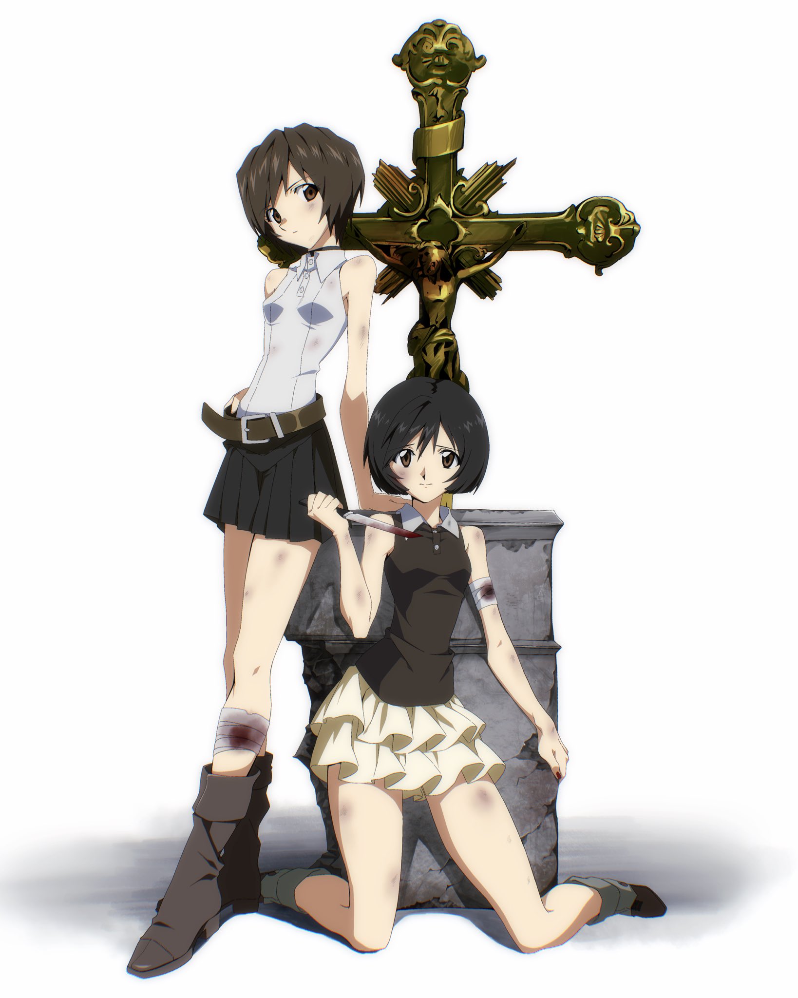 miko heb, original, highres, 2girls, arm support, bandaged arm, bandaged leg, bandages, belt, black choker, black hair, black shirt, black skirt, blood, bloody bandages, bloody knife, boots, breasts, brown belt, brown boots, brown eyes, brown hair, bruise, bruise on arm, bruise on face, bruise on leg, choker, closed mouth, collared shirt, cross, crucifix, dirty, dirty clothes, frilled skirt, frills, full body, hand on own hip, head tilt, holding, holding knife, injury, kneeling, knife, leaning on object, looking at viewer, multiple girls, pleated skirt, raised inner eyebrows, shirt, short hair, simple background, skirt, skull, sleeveless, sleeveless shirt, small breasts, standing, white background, white shirt, white skirt