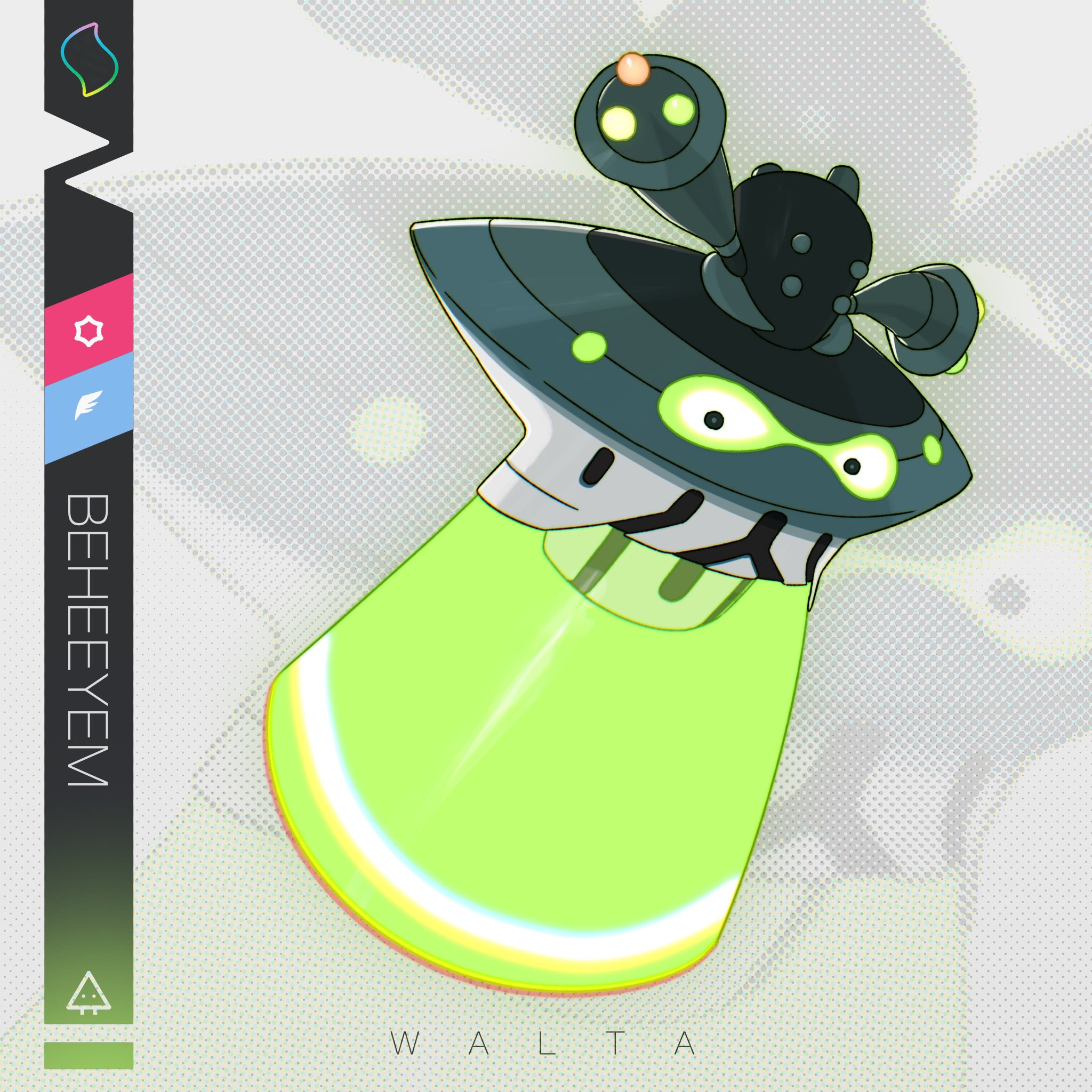 art walta, beheeyem, nintendo, pokemon, highres, big head, character name, floating, full body, gen 5 pokemon, glowing, glowing eyes, looking at viewer, mega pokemon (other), no humans, pokemon (creature), pokemon focus, see-through body, solo, upside-down